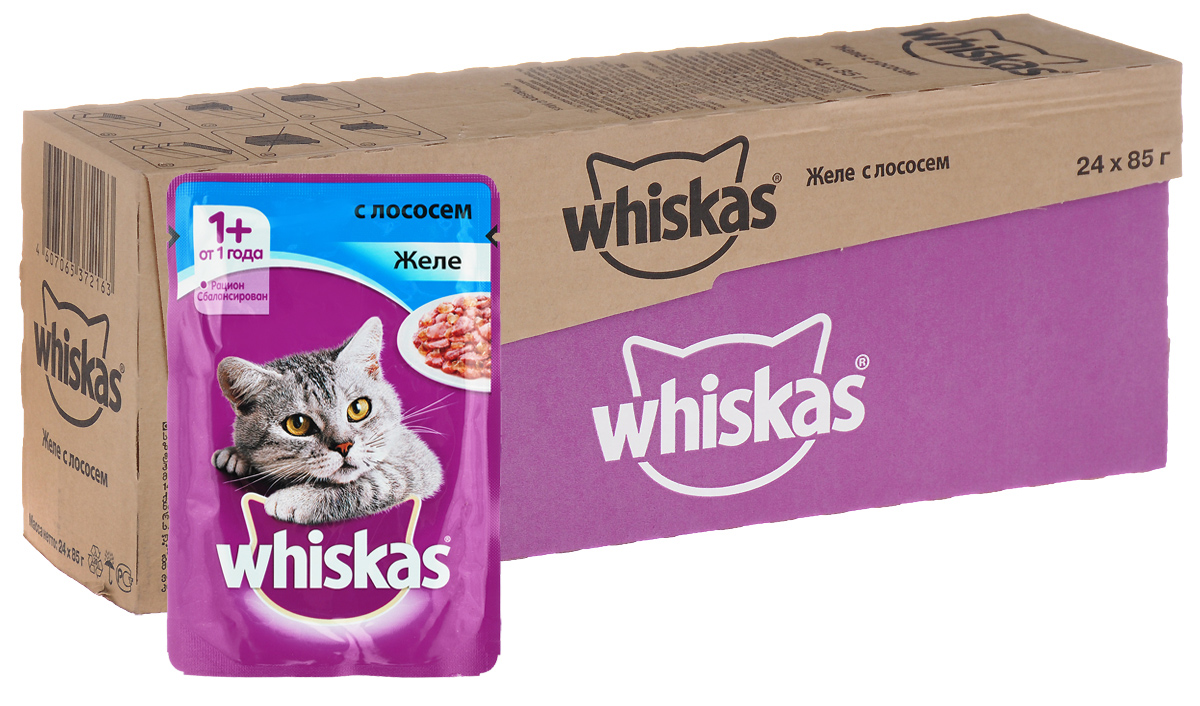 Консервы Whiskas для кошек от 1 года, желе с лососем, 85 г, 24 шт39893 Консервы Whiskas для кошек от 1 года, желе с лососем, 85 г, 24 шт39893Консервы для кошек от 1 года Whiskas - полнорационный сбалансированный корм, который идеально подойдет вашему любимцу. Аппетитное желе приготовлено с учетом потребностей взрослых кошек. Специально сбалансированный рацион содержит все питательные вещества, витамины и минералы, необходимые кошке в этом возрасте. Консервы не содержат сои, консервантов, ароматизаторов, искусственных красителей и усилителей вкуса. В рацион домашнего любимца нужно обязательно включать консервированный корм, ведь его главные достоинства - высокая калорийность и питательная ценность. Консервы лучше усваиваются, чем сухие корма. Также важно, чтобы животные, имеющие в рационе консервированный корм, получали больше влаги. Состав: мясо и субпродукты, рыба (в том числе лосось минимум 4%), таурин, злаки, витамины, минеральные вещества. Пищевая ценность в 100 г: белки - 7,5 г, жиры - 3,5 г, клетчатка - 0,3 г, зола - 2,5 г, витамин А - не менее 150 МЕ, витамин Е - не менее...