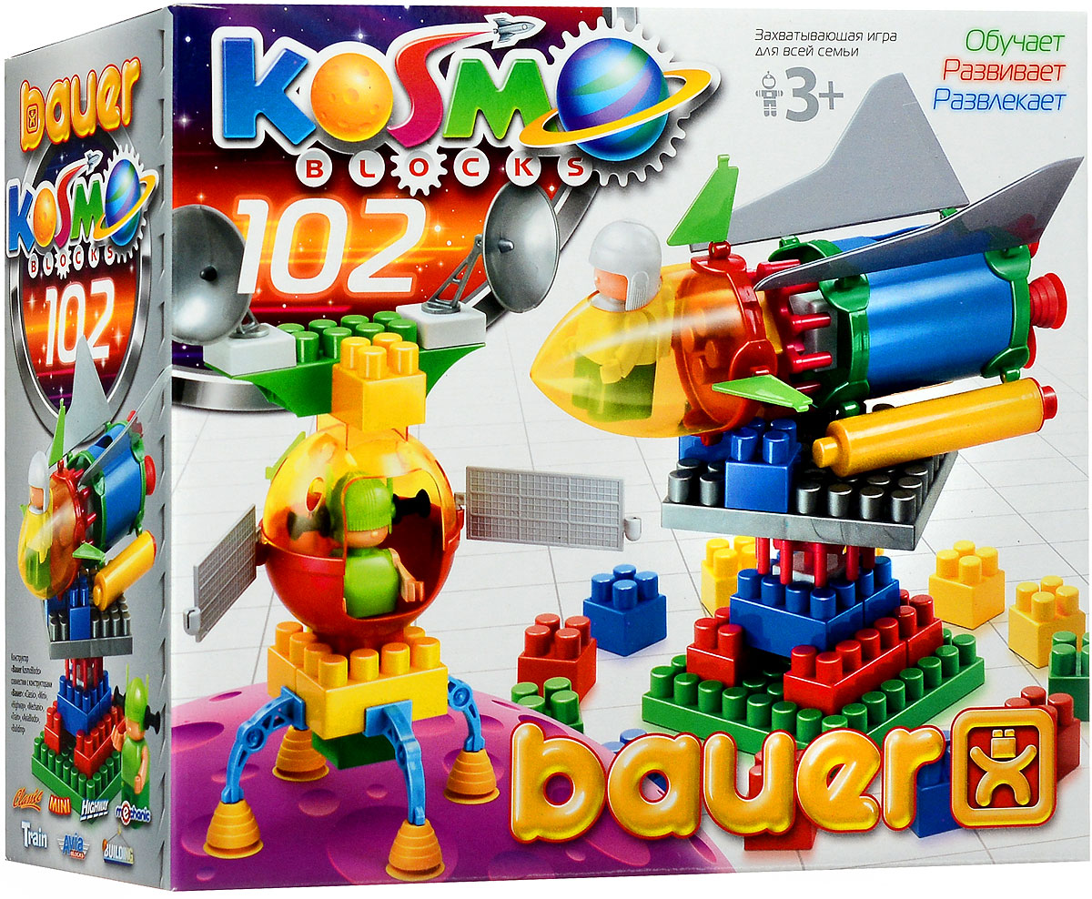 Bauer Конструктор KosmoBlocks 268268 Bauer Конструктор KosmoBlocks 268268Конструктор Bauer KosmoBlocks содержит 102 ярких детали разных форм, цветов и размеров для сборки различных по сложности космических кораблей и другой космической техники. Конструктор прекрасно подходит для детского творчества и семейного отдыха, способствуют развитию объёмного мышления ребенка, фантазии, координации движения глаз, мелкой моторики и памяти. Все детали сделаны из высококачественного пластика с использованием пищевых красителей. Ребенок сможет часами играть с этим конструктором, придумывая разные истории и комбинируя детали. Конструктор Bauer KosmoBlocks адаптирован к программам дошкольного образования, и может быть использован как индивидуально, так и в коллективе.