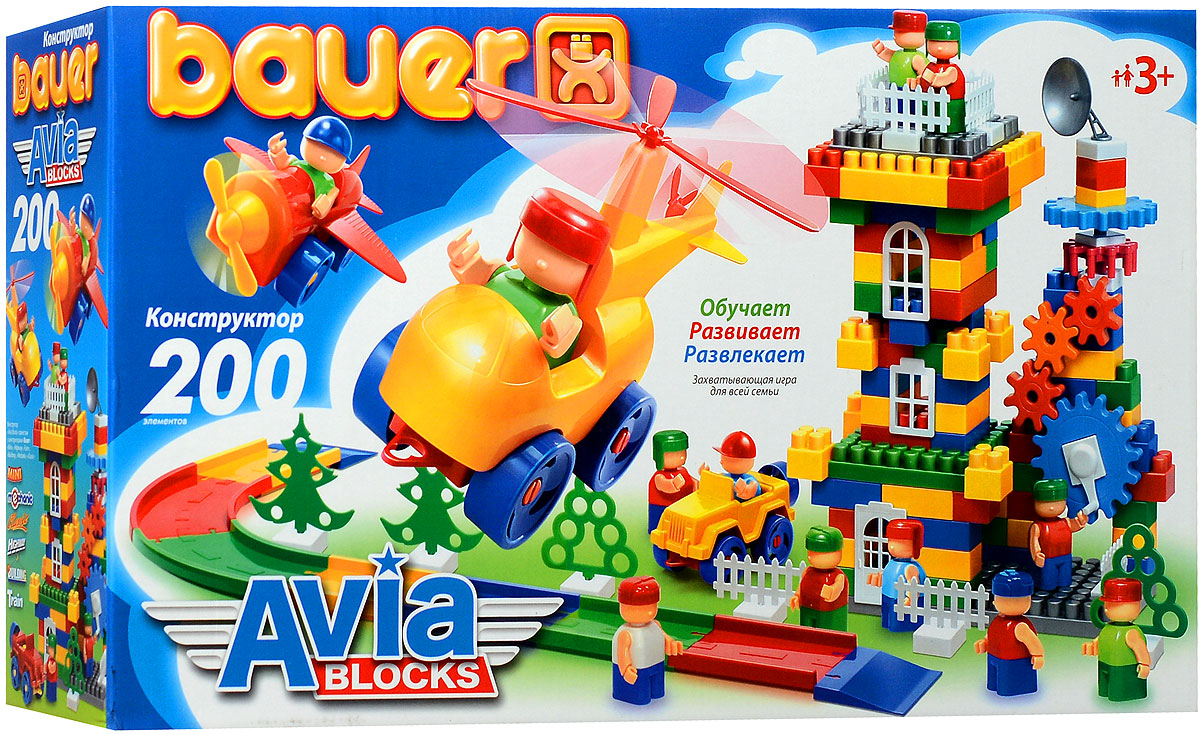 Bauer Конструктор AviaBlocks 246246 Bauer Конструктор AviaBlocks 246246Конструктор Bauer AviaBlocks содержит 200 ярких деталей различных форм, цветов и размеров для сборки самолетов, вертолетов, взлетных площадок и целого аэродрома. Конструктор прекрасно подходит для детского творчества и семейного отдыха, способствуют развитию объёмного мышления ребенка, фантазии, координации движения глаз, мелкой моторики и памяти. Все детали сделаны из высококачественного пластика с использованием пищевых красителей. Ребенок сможет часами играть с этим конструктором, придумывая разные истории и комбинируя детали. Конструктор Bauer AviaBlocks адаптирован к программам дошкольного образования, и может быть использован как индивидуально, так и в коллективе.