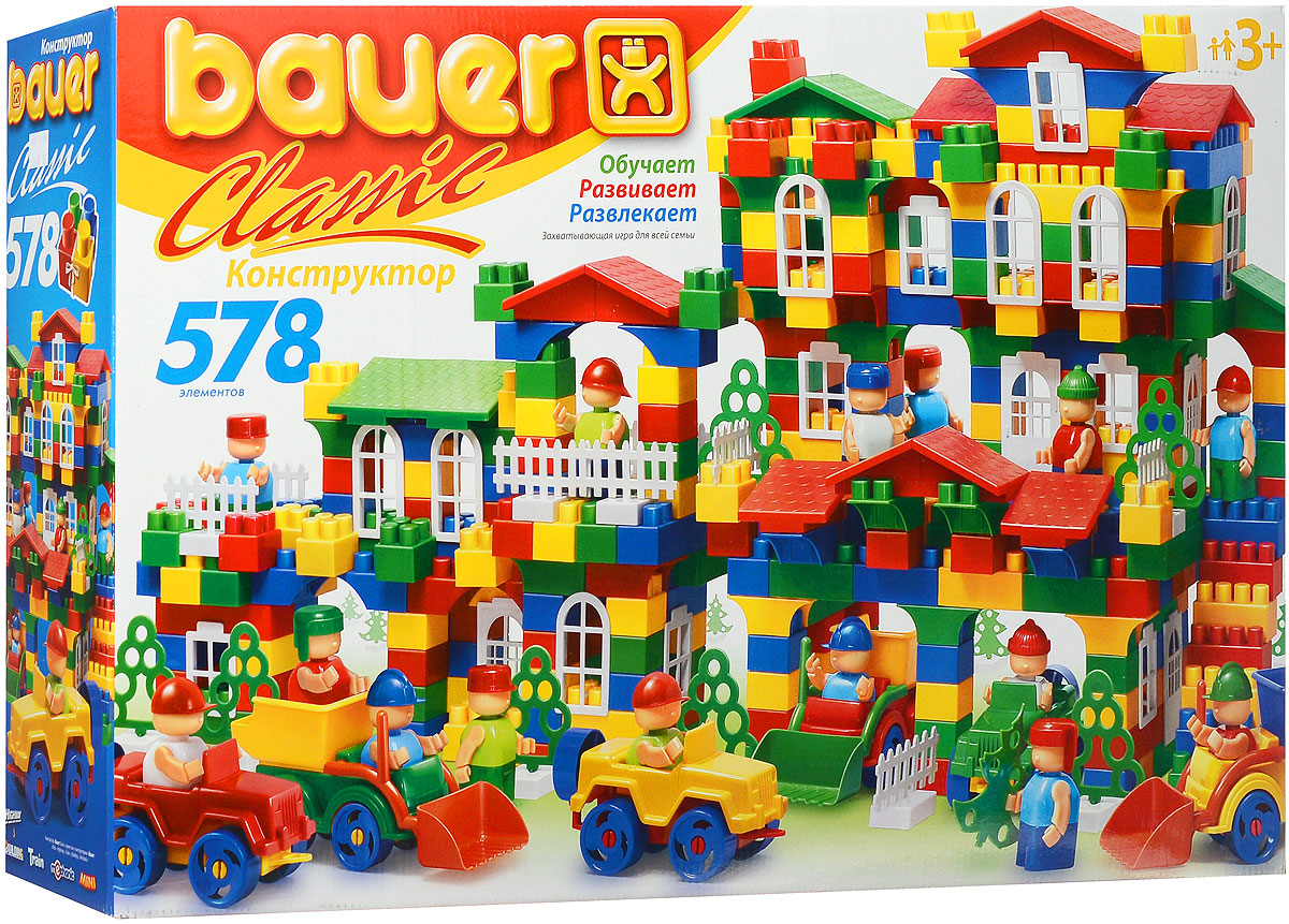 Bauer Конструктор Classic 201201 Bauer Конструктор Classic 201201Конструктор Bauer Classic содержит 578 ярких деталей разных форм, цветов и размеров для сборки различных по сложности объектов, от фигурок животных до многоэтажных домов. Конструктор прекрасно подходит для детского творчества и семейного отдыха, способствуют развитию объёмного мышления ребенка, фантазии, координации движения глаз, мелкой моторики и памяти. Все детали сделаны из высококачественного пластика с использованием пищевых красителей. Ребенок сможет часами играть с этим конструктором, придумывая разные истории и комбинируя детали. Конструктор Bauer Classic адаптирован к программам дошкольного образования, и может быть использован как индивидуально, так и в коллективе.