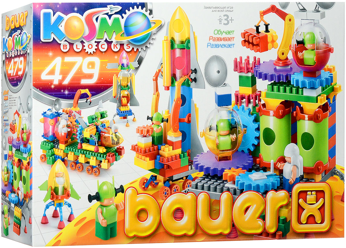 Bauer Конструктор KosmoBlocks 272272 Bauer Конструктор KosmoBlocks 272272Конструктор Bauer KosmoBlocks содержит 479 ярких деталей разных форм, цветов и размеров для сборки космических кораблей и другой космической техники. Конструктор прекрасно подходит для детского творчества и семейного отдыха, способствуют развитию объёмного мышления ребенка, фантазии, координации движения глаз, мелкой моторики и памяти. Все детали сделаны из высококачественного пластика с использованием пищевых красителей. Ребенок сможет часами играть с этим конструктором, придумывая разные истории и комбинируя детали. Конструктор Bauer KosmoBlocks адаптирован к программам дошкольного образования, и может быть использован как индивидуально, так и в коллективе.