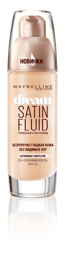 Maybelline New York Тональный крем-флюид для лица Dream Satin Fluid, не забивает поры, оттенок 03, Слоновая кость, 30 мB2547604 Maybelline New York Тональный крем-флюид для лица Dream Satin Fluid, не забивает поры, оттенок 03, Слоновая кость, 30 мB2547604Новое невесомое тональное средство для естественного сияния твоей кожи! Благодаря воздушной текстуре флюида, тональный крем нежно окутывает кожу, создает безупречно гладкое поркытие, не забивая поры. Сатиновая эмульсия смягчает кожу, наполняя ее здоровм сиянием.