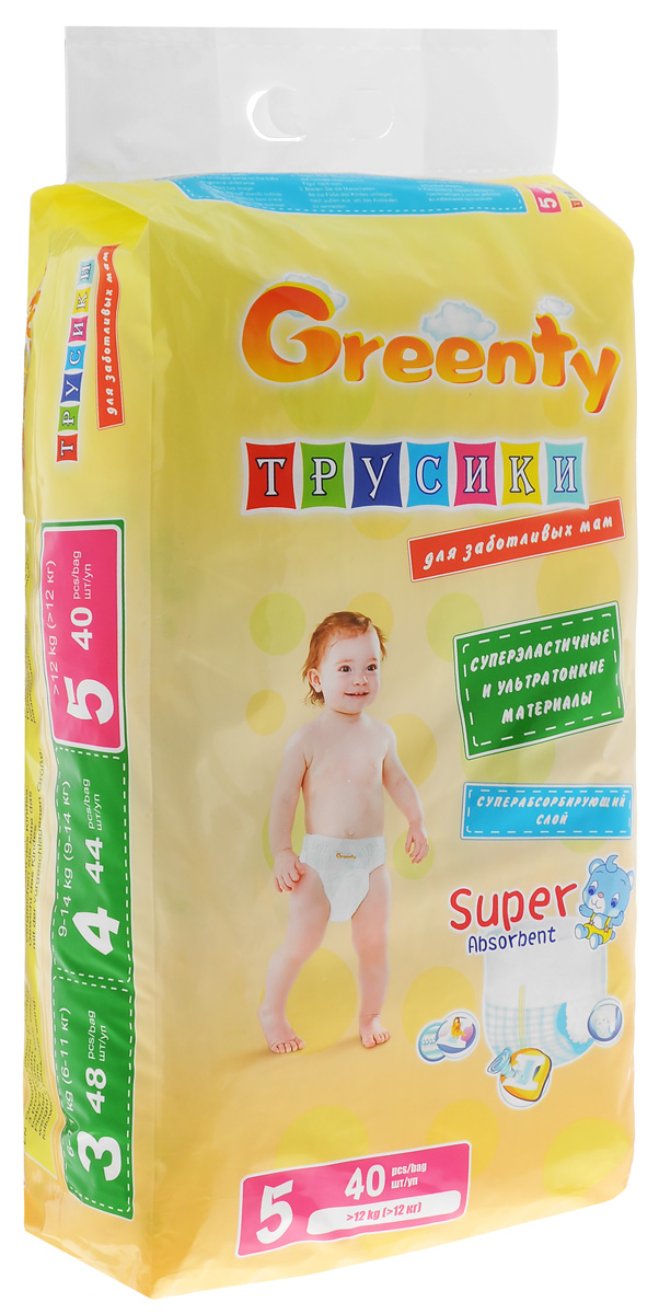 Greenty Подгузники-трусики от 12 кг 40 штGREP-5m Greenty Подгузники-трусики от 12 кг 40 штGREP-5mПодгузники-трусики Greenty легко одеваются и идеально сидят на малыше, не сползая при движении. Они отлично впитывают и защищают от боковых протеканий благодаря 3D-манжетам. Мягкая эластичная резиночка выполнена из дышащего материала. Ультратонкий и мягкий материал обеспечивает комфорт вашему ребенку, а супер абсорбирующий слой обеспечит сухость и комфорт. Полоски-индикаторы вовремя предупредят, когда пора менять трусики. Трусики можно легко одеть даже очень активному ребенку. Трусики-подгузники Greenty специально созданы для нежной кожи ребенка.