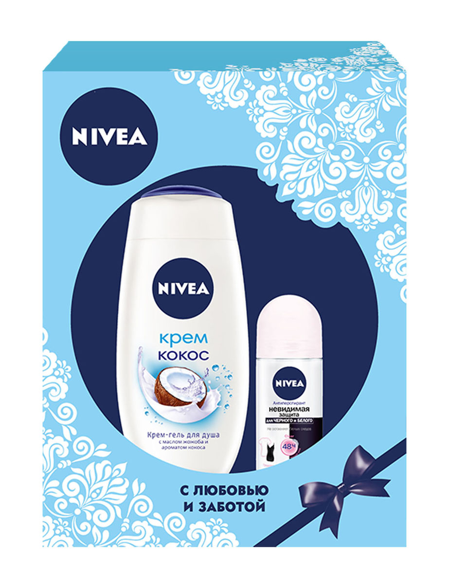Nivea Подарочный набор для женщин крем-кокос: Дезодорант-антиперспирант шариковый Невидимая защита для черного и белого 50мл, Крем-гель для душа Крем Кокос 250мл.1005747819 Nivea Подарочный набор для женщин крем-кокос: Дезодорант-антиперспирант шариковый Невидимая защита для черного и белого 50мл, Крем-гель для душа Крем Кокос 250мл.1005747819• Испытайте истинное удовольствие с крем-гелем для душа Крем Кокос от NIVEA. Шелковистый крем-гель с ценным маслом Жожоба окутывает вас нежной пеной, а восхитительный аромат кокоса пробуждает чувства. Ощутите невероятную мягкость вашей кожи! Дезодорант-антиперспирант НЕВИДИМАЯ ЗАЩИТА ДЛЯ ЧЕРНОГО И БЕЛОГО от NIVEA не оставляет белых следов на черной одежде, предотвращает появление желтых пятен на белой. Надежно защищает вас и вашу одежду в течение 48 часов. Как это работает • не оставляет белых следов на черной одежде • предотвращает появление желтых пятен на белой • эффективная защита в течение 48 часов • не содержит спирт и красителей • дерматологически протестировано Объем: ролик, 50 мл.