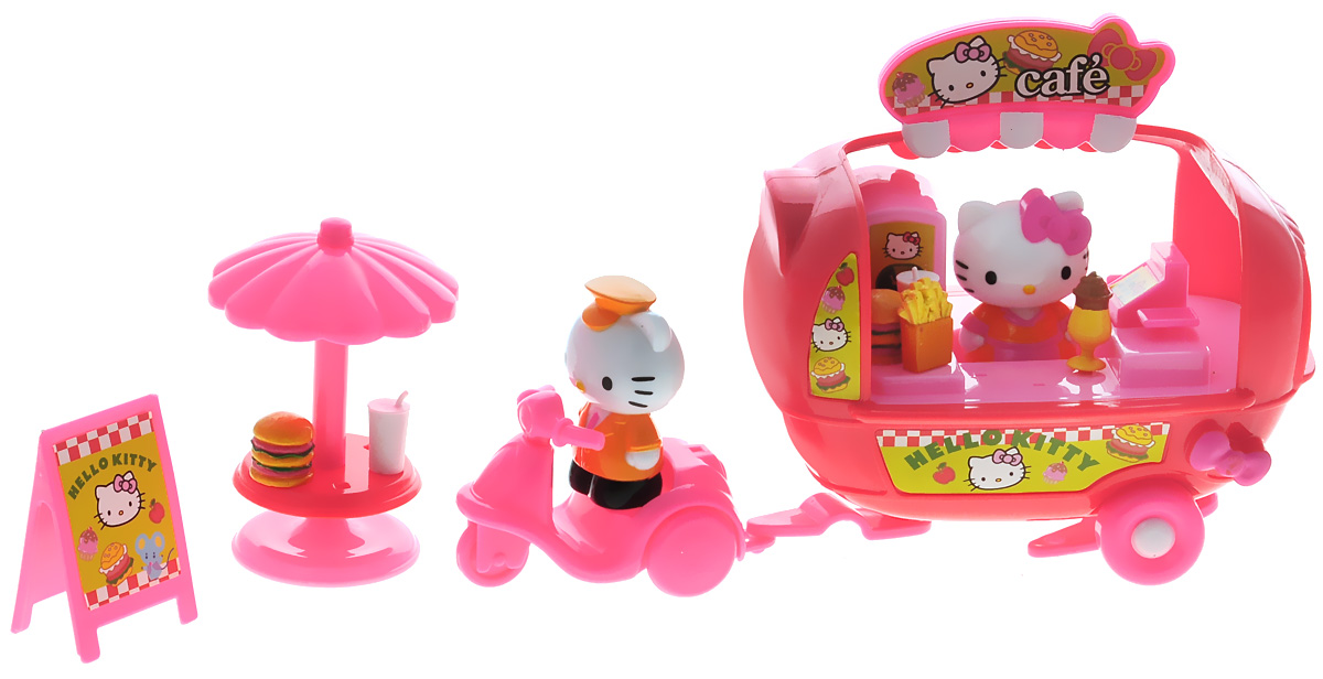 Hello Kitty Игровой набор Фургон-кафе65025 Hello Kitty Игровой набор Фургон-кафе65025Игровой набор Hello Kitty Фургон-кафе не оставит равнодушной ни одну девочку. Набор полностью выполнен из безопасного пластика ярких цветов и включает в себя две фигурки Hello Kitty, фургон, мотороллер, столик, вывеску. Фургон оборудован кассой и различной кухонной утварью. Благодаря маленьким размерам элементов набора ваша малышка сможет брать его с собой на прогулку или в гости. Порадуйте ее таким замечательным подарком!