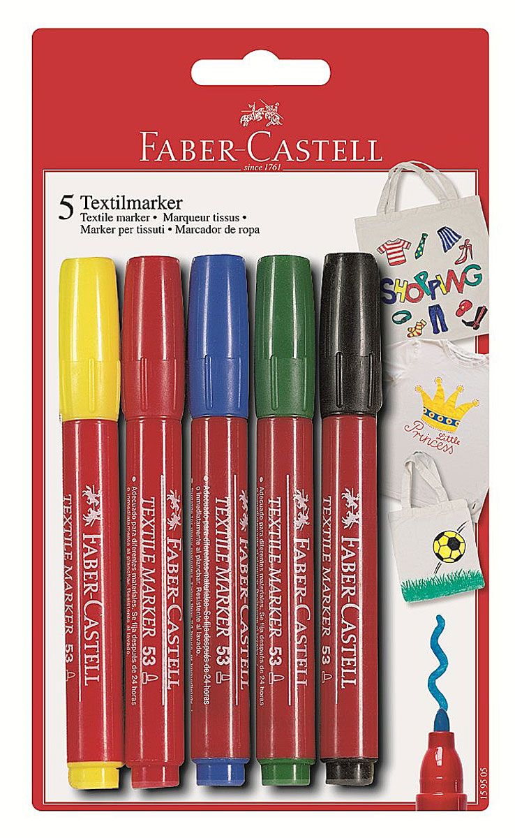 Faber-Castell Фломастеры для декорирования ткани 5 цветов159505 Faber-Castell Фломастеры для декорирования ткани 5 цветов159505Фломастеры Faber-Castell предназначены для декорирования по ткани. Нужно просто нарисовать необходимый узор на ткани. Для сохранения цветов оставить сохнуть 24 часа, или сразу же стабилизировать заглаживанием цветов на обратной стороне ткани утюгом при температуре 60° C. Перед нанесением ткань необходимо выстирать. Рисунок можно наносить на разные виды ткани. В комплекте 5 фломастеров: желтый, красный, зеленый, синий, черный.