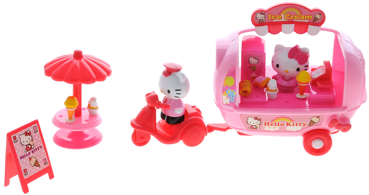 Hello Kitty Игровой набор Фургон с мороженым65024 Hello Kitty Игровой набор Фургон с мороженым65024Игровой набор Hello Kitty Фургон с мороженым не оставит равнодушной ни одну девочку. Набор полностью выполнен из безопасного пластика ярких цветов и включает в себя две фигурки Hello Kitty, фургон, мотороллер, столик, вывеску. В фургоне есть касса, аппарат по производству мороженного, а также само мороженное. Благодаря маленьким размерам элементов набора ваша малышка сможет брать его с собой на прогулку или в гости. Порадуйте ее таким замечательным подарком!