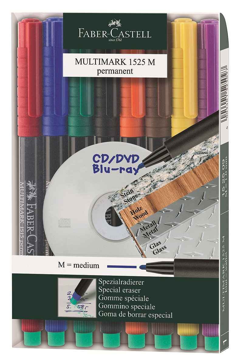Faber-Castell Капиллярная перманентная ручка Multimark M для письма на CD 8 цветов152509 Faber-Castell Капиллярная перманентная ручка Multimark M для письма на CD 8 цветов152509Капиллярная перманентная ручка Multimark предназначена для письма на CD, DVD дисках, пленках для проекторов и других гладких поверхностях. Ручка с обратной стороны содержит специальный ластик для стирания чернил. Чернила быстросохнущие, с яркими цветами, корпус изготовлен из прочного пластика. В наборе 8 цветов: черный, красный, синий, зеленый, коричневый, оранжевый, фиолетовый, желтый.