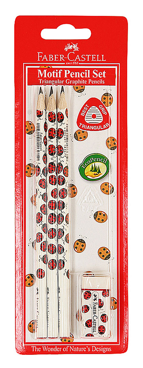 Faber-Castell Чернографитовый карандаш Triangular цвет корпуса белый красный 3 шт + ластик118365 Faber-Castell Чернографитовый карандаш Triangular цвет корпуса белый красный 3 шт + ластик118365Чернографитовый карандаш Faber-Castell Triangular станет не только идеальным инструментом для письма, рисования или черчения, но и дополнит ваш имидж. Трехгранный корпус выполнен из натуральной древесины и оформлен рисунком с божьими коровками. Высококачественный прочный грифель не крошится и не ломается при заточке. Качественная мягкая древесина обеспечивает хорошее затачивание. Степень твердости - B. Ластик Faber-Castell идеально подходят для применения как в школе, так и в офисе. Обеспечивают высокое качество коррекции. В комплект входят 3 чернографитовых карандаша и ластик.