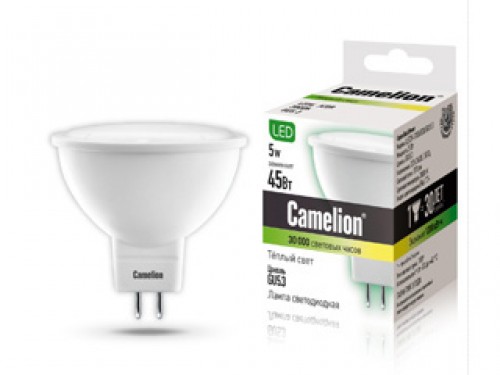 Лампа светодиодная Camelion, теплый свет, цоколь GU5.3, 5W5-S108/830/GU5.3 Лампа светодиодная Camelion, теплый свет, цоколь GU5.3, 5W5-S108/830/GU5.3Энергосберегающая лампа Camelion - это инновационное решение, разработанное на основе новейших светодиодных технологий (LED), для эффективной замены любых видов галогенных или обыкновенных ламп накаливания во всех типах осветительных приборов. Служит в 30 раз дольше обычных ламп. Она хорошо подойдет для создания рабочей атмосферы в производственных и общественных зданиях, спортивных и торговых залах, в офисах и учреждениях. Лампа не содержит ртути и других вредных веществ, экологически безопасна и не требует утилизации, не выделяет при работе ультрафиолетовое и инфракрасное излучение. Обладает высокой вибро- и ударопрочностью в связи с отсутствием нити накаливания и стеклянных трубок. Обеспечивает мгновенное включение без мерцания. Напряжение: 220-240В / 50 Гц. Индекс цветопередачи (Ra): 77+. Угол светового пучка: 100°. Использовать при температуре: от -30° до +40°.
