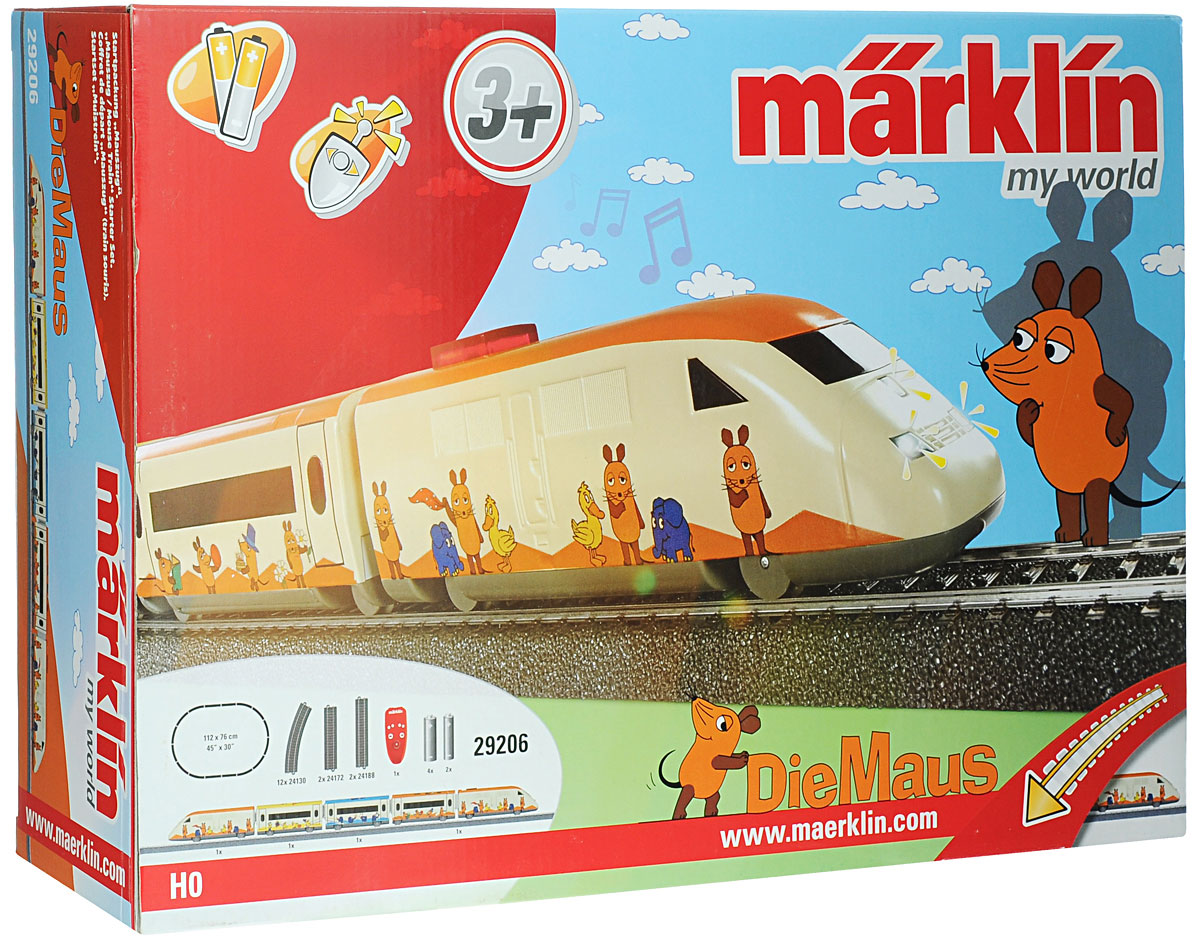 Marklin Железная дорога Marklin Пассажирский поезд Mouse29206 Marklin Железная дорога Marklin Пассажирский поезд Mouse29206Железная дорога Marklin Пассажирский поезд Mouse не оставит равнодушным вашего ребенка. Набор включает в себя 12 закругленных и 4 прямых сегментов железнодорожного полотна, локомотив, 4 пассажирских вагона, пульт управления и наклейки с изображениями забавных животных, которыми можно украсить вагончики. Уникальная трехрельсовая железнодорожная система Marklin заслужила репутацию надежной и безотказной системы. Локомотив имеет металлический каркас и металлические колеса. Грузовые и пассажирские вагоны имеют металлические колеса и низкий центр тяжести, предотвращающий сход с рельсов. Крошечные, почти невидимые глазу точечные контакты размещены в центральном рельсе и передают электрический ток непосредственно локомотиву. Третий рельс снимает ненужную полярность в электропроводке и обеспечивает надежную связь между железнодорожной колеей и локомотивом. Звуковые и световые эффекты делают игру интересной и увлекательной. Локомотив освещает дорогу головными огнями. В...