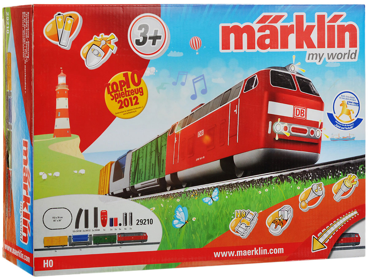 Marklin Железная дорога Грузовой поезд 30 элементов29210 Marklin Железная дорога Грузовой поезд 30 элементов29210Железная дорога Marklin Грузовой поезд не оставит равнодушным вашего ребенка. Набор включает в себя 12 закругленных и 4 прямых сегментов железнодорожного полотна, дизельный локомотив, 3 товарных вагона, пульт управления, 5 пластиковых бочек и 5 шариков для использования в качестве груза. Уникальная трехрельсовая железнодорожная система Marklin заслужила репутацию надежной и безотказной системы. Локомотив имеет металлический каркас и металлические колеса. Грузовые и пассажирские вагоны имеют металлические колеса и низкий центр тяжести, предотвращающий сход с рельсов. Крошечные, почти невидимые глазу точечные контакты размещены в центральном рельсе и передают электрический ток непосредственно локомотиву. Третий рельс снимает ненужную полярность в электропроводке и обеспечивает надежную связь между железнодорожной колеей и локомотивом. Звуковые и световые эффекты делают игру интересной и увлекательной. Локомотив освещает дорогу головными огнями. Люки хопперов...