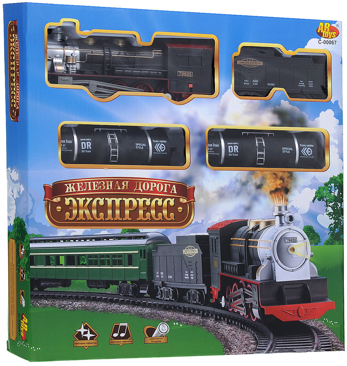 ABtoys Железная дорога Экспресс 16 элементовC-00067 (A36-22) ABtoys Железная дорога Экспресс 16 элементовC-00067 (A36-22)Классическая железная дорога Экспресс приведет в восторг вашего малыша. Набор включает реалистичный паровозик, грузовой вагон, 2 цистерны и 12 элементов для сборки железной дороги. Паровозик активизируется, если передвинуть переключатель в положение On. Во время его перемещения воспроизводятся звуки и подсвечивается прожектор. Железная дорога Экспресс позволит ребенку не только получать удовольствие от игры, но и развивать пространственное воображение, мелкую моторику рук и координацию движений. Порадуйте его таким замечательным подарком! Для работы паровозика необходимо докупить 2 батарейки напряжением 1,5V типа АА (не входят в комплект).