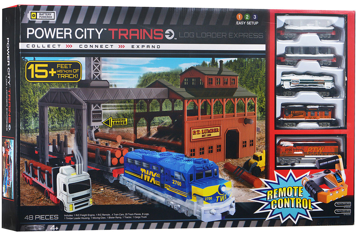 PowerTrains & Constructions Железная дорога Лесопогрузчик62219 PowerTrains & Constructions Железная дорога Лесопогрузчик62219Железная дорога PowerTrains Лесопогрузчик привлечет внимание вашего ребенка и не позволит ему скучать. Набор включает в себя 4,5 метра рельсового полотна, локомотив на инфракрасном управлении, пульт дистанционного управления, 4 грузовых вагона, лесопогрузочный кран, лесохранилище, трактор, грузовик для перевозки бревен, 8 бревен. При помощи пульта локомотив может двигаться вперед, назад, останавливаться. Спомощью трактора завезите бревна в лесохранилище. После этого лесовоз может погрузить из в вагон или в кузов лесовоза. Набор поможет ребенку не только получать удовольствие от игры, но и развивать пространственное воображение, мелкую моторику рук и координацию движений. Для работы локомотива необходимы 3 батарейки напряжением 1,5V типа ААА (не входят в комплект), для работы пульта управления требуются 2 батарейки напряжением 1,5V типа ААА (не входят в комплект).