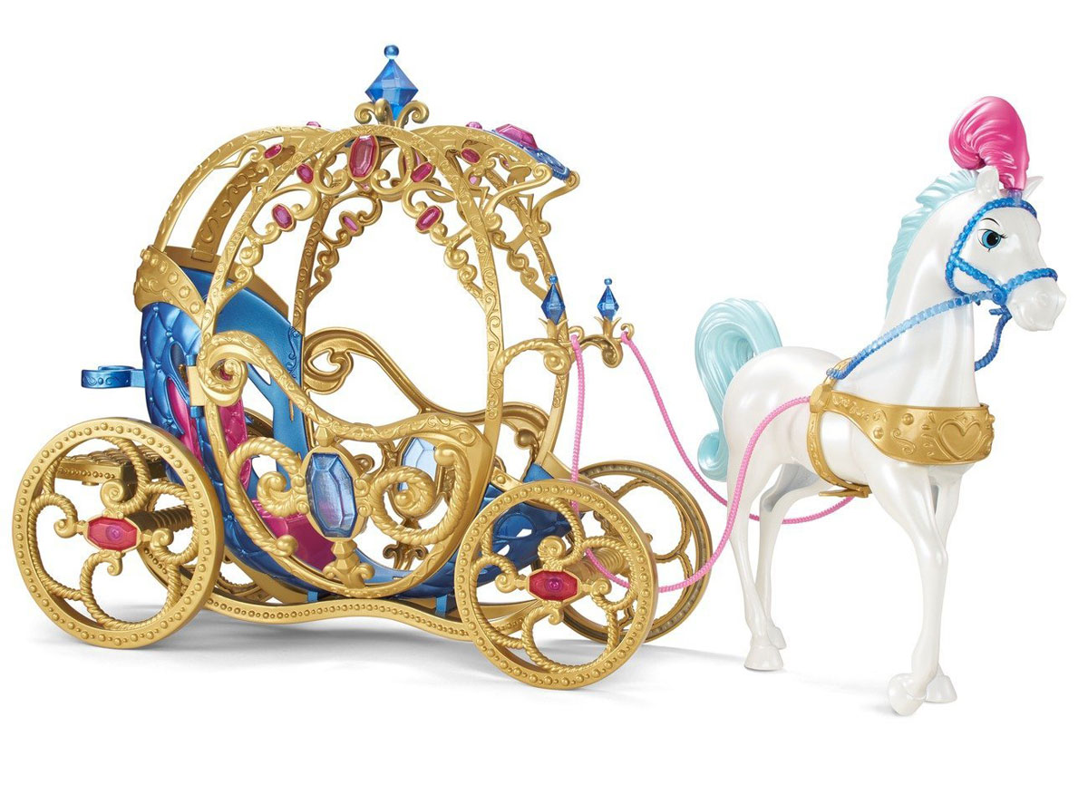 Disney Princess Лошадь с каретой для ЗолушкиCDC44 Disney Princess Лошадь с каретой для ЗолушкиCDC44Игровой набор Disney Princess Лошадь с каретой для Золушки наверняка понравится вашей малышке. Шикарный набор с лошадью и каретой для Золушки - это то, с чего начнется путешествие на бал ее любимой куклы. Фигурка лошади и карета выполнены из прочного безопасного пластика. Карета поражает своим изящным стилем - она инкрустирована камнями и резными узорами, от которых просто невозможно оторвать взгляд. Внутри расположено удобное кресло, куда помещается любая кукла ростом до 30 см. Еще одну куклу можно посадить сзади на облучок, а чтобы кукла не упала, прикрепить ее специально предназначенным зажимом. Большие золоченые колеса кареты крутятся при движении, дверцы открываются. В королевский кортеж впряжен белоснежный конь с голубой гривой и хвостом. Он украшен праздничной сбруей и плюмажем с розовыми перьями. Ножки лошади неподвижны. Конь пристегивается к карете с помощью длинных поводьев, выполненных из мягкого пластика. Ваша малышка будет в восторге от...