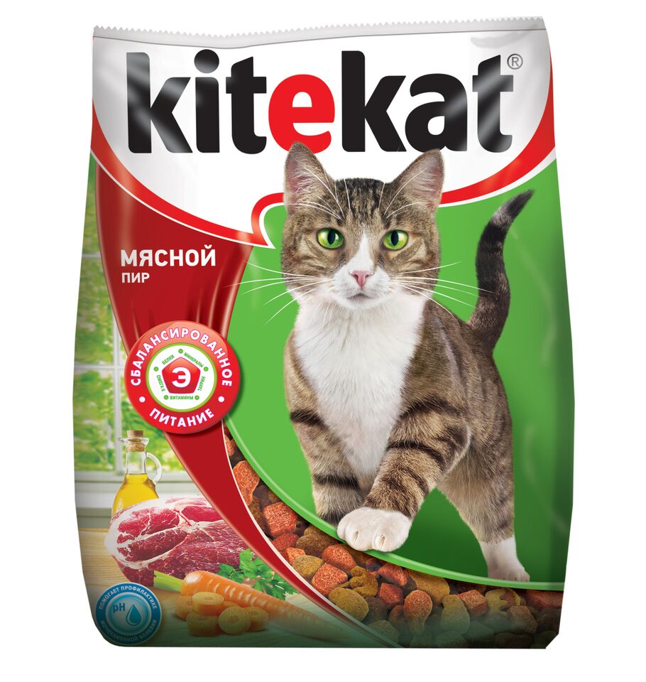 Корм сухой для кошек Kitekat, мясной пир, 350 г40424 Корм сухой для кошек Kitekat, мясной пир, 350 г40424Корм Kitekat - это полноценная еда, которая содержит все необходимое для вашей кошки. Kitekat Мясной Пир приготовлен из таких же качественных натуральных продуктов, которые вы используете дома для своих близких: мясные ингредиенты, овощи, растительное масло и крупы. Kitekat знает, как правильно их сбалансировать для энергии и здоровья вашего кота. Состав: злаки, мясо и субпродукты, белковые растительные экстракты, жиры животного происхождения, растительные масла (источник омега-6), овощи, пивные дрожжи, витамины и минеральные вещества. Анализ: белки-28 г; жиры-10 г; зола-8 г: клетчатка-не более 5 г; влажность-не более 10 г; кальций -1,2 г; фосфор - 0,8 г; витамин А - 1200 ME; витамин D - 120 ME; витамин Е - 6 мг; а также витамин В2, витамин В12, пантотеновая кислота, биотин, витамин В1, витамин В6, ниацин, таурин, метионин. Товар сертифицирован.