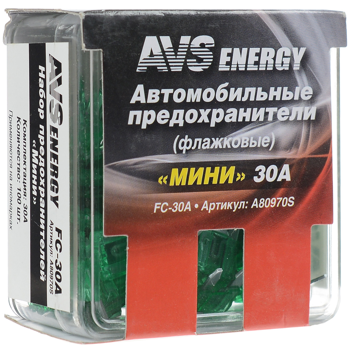 Набор автомобильных предохранителей AVS Мини, 30А, 100 штA80970S Набор автомобильных предохранителей AVS Мини, 30А, 100 штA80970SАвтомобильные флажковые предохранители AVS помогут защитить электрические цепи автомобиля от короткого замыкания и позволят без проблем заменить сгоревший предохранитель в автомобиле. Корпус предохранителя выполнен из прозрачного пластика, а элемент - из цинкового сплава. Набор автомобильных предохранителей Мини применяется на иномарках. Номинал: 30А. Тип: флажковые.