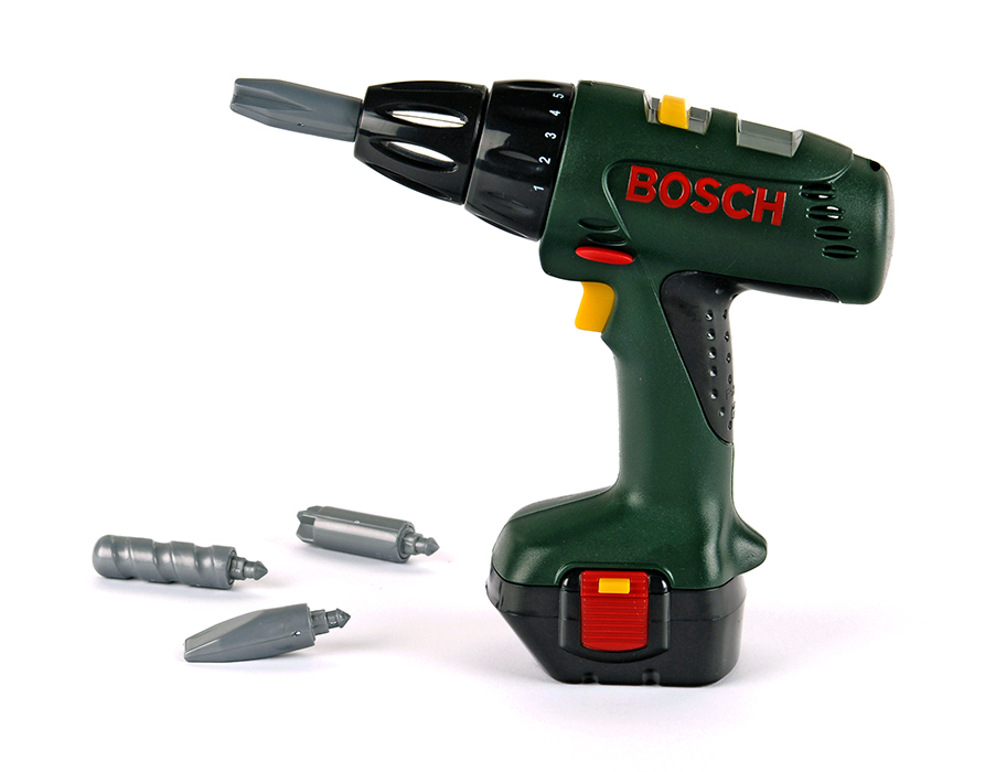 Klein Игрушечный шуруповерт Bosch8402 Klein Игрушечный шуруповерт Bosch8402Игрушечный шуруповерт Klein Bosch - это точная копия настоящего шуруповерта Bosch с набором пластмассовых насадок. Он обладает всеми функциями своего прототипа. Ваш ребенок сможет закрутить и открутить все шурупы. Скорость вращения уменьшена, а сверло закруглено во избежание травмирования ребенка. При включении шуруповерта загорается световой индикатор и имитируется звук работающего инструмента. Игрушка выполнена из качественного и безопасного материала. Необходимо купить 3 батарейки напряжением 1,5V типа АА (не входят в комплект). Этот шуроповерт будет прекрасным выбором для юных мастеров!