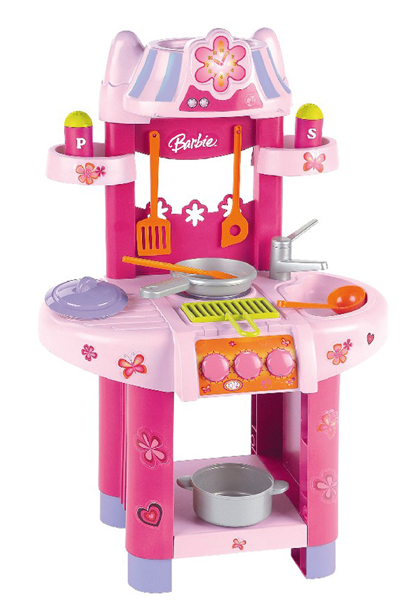 Klein Игровой набор Barbie Кухонный центр9588 Klein Игровой набор Barbie Кухонный центр9588Кухонный центр BARBIE c конфоркой, решеткой для гриля, мойкой, набором посуды. Высота в собранном виде 75 см. От 3-х лет.