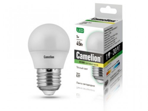 Лампа светодиодная Camelion, теплый свет, цоколь E27, 5W5-G45/830/E27 Лампа светодиодная Camelion, теплый свет, цоколь E27, 5W5-G45/830/E27Энергосберегающая лампа Camelion - это инновационное решение, разработанное на основе новейших светодиодных технологий (LED), для эффективной замены любых видов галогенных или обыкновенных ламп накаливания во всех типах осветительных приборов. Служит в 30 раз дольше обычных ламп, экономит 1200 кВт/ч. Она хорошо подойдет для создания рабочей атмосферы в производственных и общественных зданиях, спортивных и торговых залах, в офисах и учреждениях. Лампа не содержит ртути и других вредных веществ, экологически безопасна и не требует утилизации, не выделяет при работе ультрафиолетовое и инфракрасное излучение. Обладает высокой вибро- и ударопрочностью в связи с отсутствием нити накаливания и стеклянных трубок. Обеспечивает мгновенное включение без мерцания. Тип колбы: G45. Напряжение: 220-240В / 50 Гц. Индекс цветопередачи (Ra): 77+. Угол светового пучка: 220°. Использовать при температуре: от -30° до +40°.