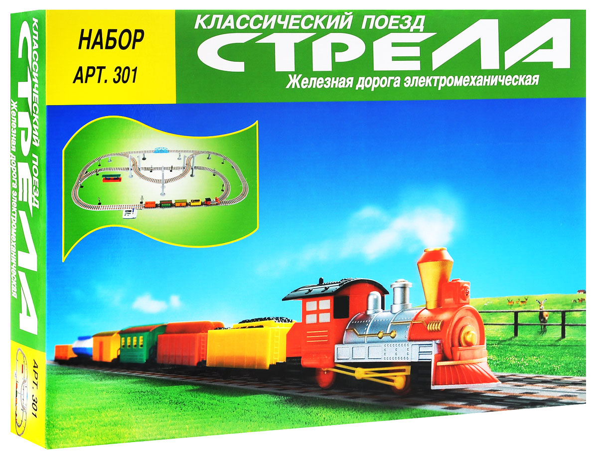 WSBD World Железная дорога Стрела. 301301 WSBD World Железная дорога Стрела. 301301Железная дорога Стрела привлечет внимание ребенка и не позволит ему скучать. Набор состоит из локомотива, прицепного тендера, трех вагонов (пассажирского, грузового, пищевого), элементов для сборки железной дороги и одной классической станции. Скорость плавно регулируется пультом управления, который работает от сетевого адаптера или батареек. Все необходимые для строительства железнодорожного полотна детали аккуратно упакованы в красочную картонную коробку с изображением поезда на лицевой стороне упаковки. Набор позволит ребенку не только получать удовольствие от игры, но и развивать пространственное воображение, мелкую моторику рук и координацию движений. Порадуйте его таким замечательным подарком! Необходимо докупить 4 батарейки напряжением 1,5V типа АА (не входят в комплект).