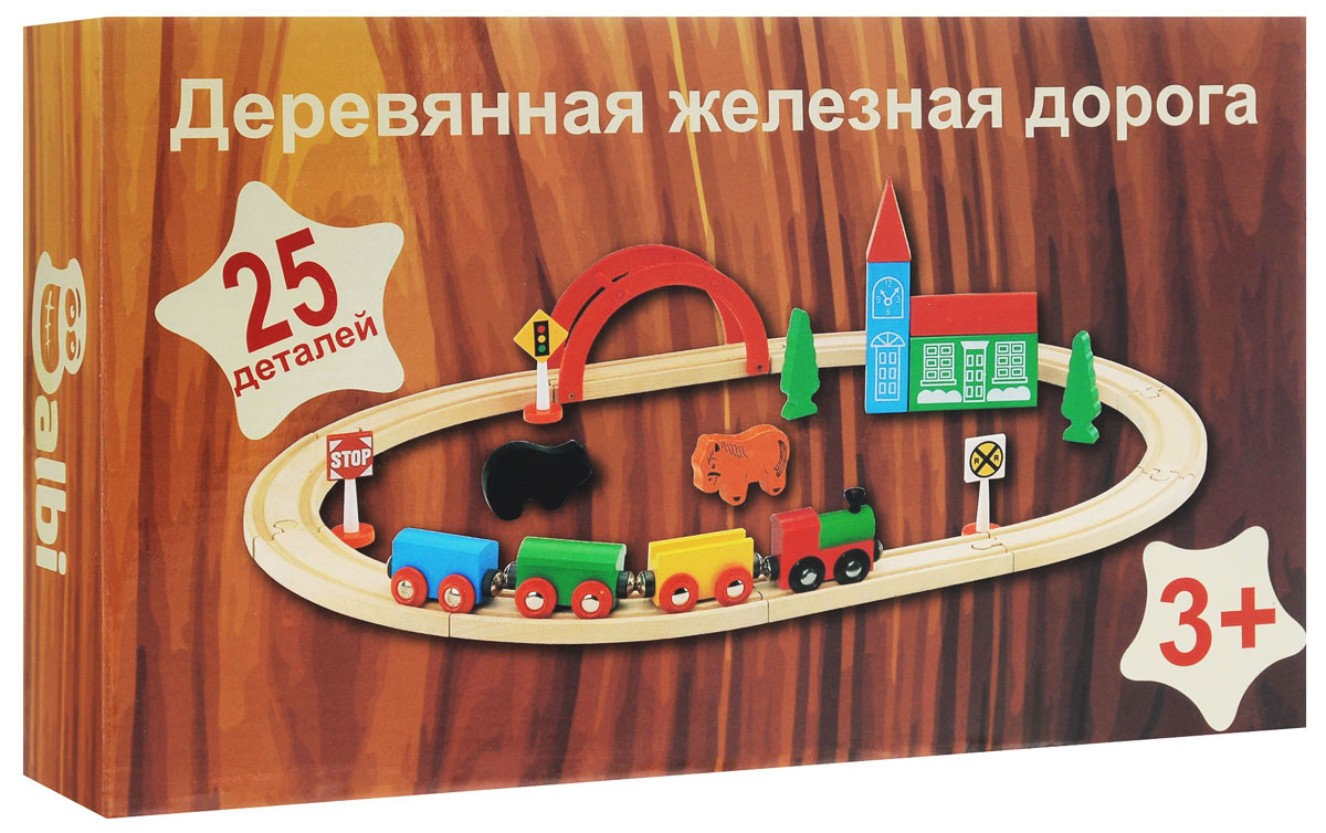Balbi Железная дорога WT-048WT-048 Balbi Железная дорога WT-048WT-048Железная дорога Balbi обязательно понравится вашему ребенку и не позволит ему скучать. Набор включает в себя 25 элементов, выполненных из дерева натуральных пород и пластика, некоторые элементы окрашены нетоксичной краской. Из этих деталей ребенок может собрать железную дорогу с мостом, по которой будет ездить паровозик с тремя прицепными вагонами. Вагончики цепляются к паровозу и друг другу с помощью магнита. Вокруг железной дороги можно расположить вокзал, животных, деревья и дорожные знаки. Игровой набор Balbi Деревянная железная дорога способствует развитию у ребенка мелкой моторики рук, координации движений, воображения и творческого мышления. В набор входят: железная дорога с мостом, паровозик, 3 вагончика, 3 дорожных знака, вокзал, 2 дерева, 2 фигурки животных.