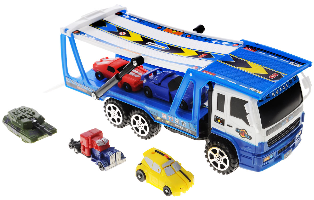 Junfa Toys Игровой набор Автовоз и 5 машинок-трансформеровHX8000B_синий Junfa Toys Игровой набор Автовоз и 5 машинок-трансформеровHX8000B_синийИгровой набор Автовоз непременно станет любимой игрушкой вашего малыша. В набор входит грузовой автовоз с прицепом и пять машинок-трансформеров разных моделей и цветов. Маленькие машинки легко трансформируются в оригинальных роботов. У автовоза поднимается и наклоняется прицеп, чтобы машинкам было удобнее въезжать на него. Игрушки изготовлены из металла и высококачественного пластика. Ваш ребенок будет часами играть с этим набором, придумывая различные истории. Порадуйте его таким замечательным подарком!