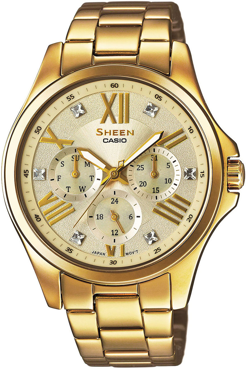 Часы женские наручные Casio, цвет: золотистый. SHE-3806GD-9ASHE-3806GD-9A Часы женские наручные Casio, цвет: золотистый. SHE-3806GD-9ASHE-3806GD-9AНаручные часы Casio произведены опытными специалистами из материалов самого высокого качества на базе новейших технологий. Часы прошли тщательную проверку и контроль качества. Часы оснащены японским кварцевым механизмом. Корпус выполнен из высококачественной нержавеющей стали с IP покрытием. Циферблат оформлен накладными знаками в виде римских цифр и отметок, защищен минеральным стеклом и декорирован кристаллами Swarovski. Часы имеют три стрелки: часовую, минутную и секундную. Светонакопительное покрытие необрит на стрелках продолжает светиться в темноте даже после непродолжительного пребывания на свету. Браслет часов выполнен из из высококачественной нержавеющей стали с IP покрытием и оснащен застежкой-клипсой. Часы имеют дополнительные функции: индикатор даты, дня недели, 12/24-часовой формат времени. Часы укомплектованы паспортом с подробной инструкцией и упакованы в оригинальную фирменную коробку. Характеристики: ...