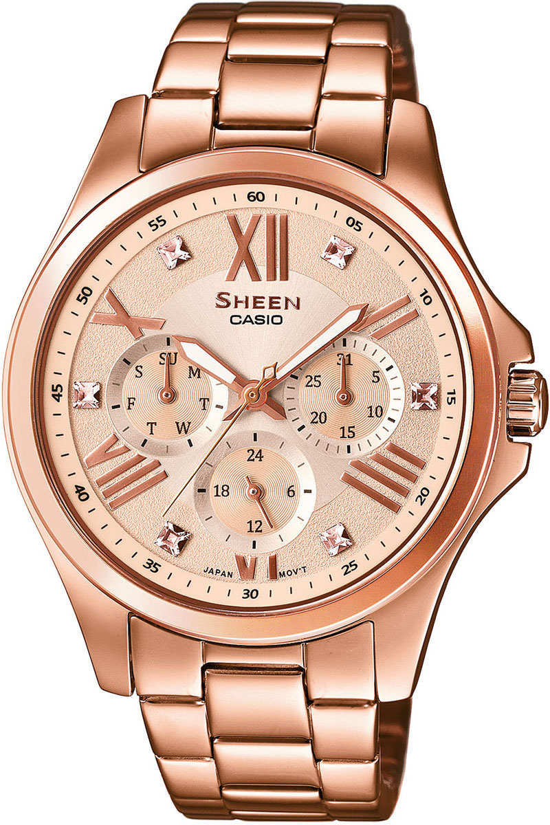 Часы женские наручные Casio, цвет: золотистый. SHE-3806PG-9ASHE-3806PG-9A Часы женские наручные Casio, цвет: золотистый. SHE-3806PG-9ASHE-3806PG-9AНаручные часы Casio произведены опытными специалистами из материалов самого высокого качества на базе новейших технологий. Часы прошли тщательную проверку и контроль качества. Часы оснащены японским кварцевым механизмом. Корпус выполнен из высококачественной нержавеющей стали с IP покрытием. Циферблат оформлен накладными знаками в виде отметок и римскими цифрами, защищен минеральным стеклом и декорирован кристаллами Swarovski. Часы имеют три стрелки: часовую, минутную и секундную. Светонакопительное покрытие необрит на стрелках продолжает светиться в темноте даже после непродолжительного пребывания на свету. Браслет часов выполнен из высококачественной нержавеющей стали с IP покрытием и оснащен застежкой-клипсой. Часы имеют дополнительные функции: индикатор даты, дня недели, 12/24-часовой формат времени. Часы укомплектованы паспортом с подробной инструкцией и упакованы в оригинальную фирменную коробку. Характеристики: ...