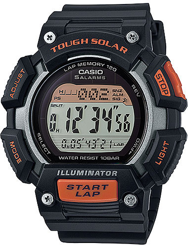 Часы наручные Casio Sports, цвет: черный, серый, оранжевый. STL-S110H-1AEFSTL-S110H-1AEF Часы наручные Casio Sports, цвет: черный, серый, оранжевый. STL-S110H-1AEFSTL-S110H-1AEFМногофункциональные часы Casio Sports выполнены из полимерного материала, нержавеющей стали и минерального стекла. Корпус часов дополнен символикой бренда. Корпус изделия изготовлен из полимерного материала с элементами из нержавеющей стали и имеет степень влагозащиты равную 10 atm. Часы оснащены долговечным механизмом. Дополнительные функции часов: -Электролюминесцентная подсветка: благодаря электролюминесцентной панели, обеспечивающей освещение всего циферблата, облегчается считывание данных. В часах есть функция послесвечения - несколько секунда после того, как вы нажали на кнопку подсветки, подсветка работает. -Солнечная батарейка: подзаряжающаяся батарейка обеспечивает питание часов для работы. -Мировое время: отображение текущего времени в основных городах и конкретных областях по всему миру. -Секундомер - 1/100 сек.-100 часов: прошедшее время измеряется с точностью в 1/100 секунды. Пределы измерения достигают 100 часов. -Память...