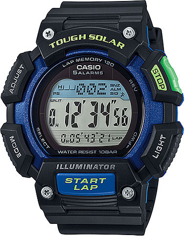 Часы наручные Casio Sports, цвет: черный, синий, зеленый. STL-S110H-1BEFSTL-S110H-1BEF Часы наручные Casio Sports, цвет: черный, синий, зеленый. STL-S110H-1BEFSTL-S110H-1BEFМногофункциональные часы Casio Sports выполнены из полимерного материала, нержавеющей стали и минерального стекла. Корпус часов дополнен символикой бренда. Корпус изделия изготовлен из полимерного материала с элементами из нержавеющей стали и имеет степень влагозащиты равную 10 atm. Часы оснащены долговечным механизмом. Дополнительные функции часов: -Электролюминесцентная подсветка: благодаря электролюминесцентной панели, обеспечивающей освещение всего циферблата, облегчается считывание данных. В часах есть функция послесвечения - несколько секунда после того, как вы нажали на кнопку подсветки, подсветка работает. -Солнечная батарейка: подзаряжающаяся батарейка обеспечивает питание часов для работы. -Мировое время: отображение текущего времени в основных городах и конкретных областях по всему миру. -Секундомер - 1/100 сек.-100 часов: прошедшее время измеряется с точностью в 1/100 секунды. Пределы измерения достигают 100 часов. -Память...