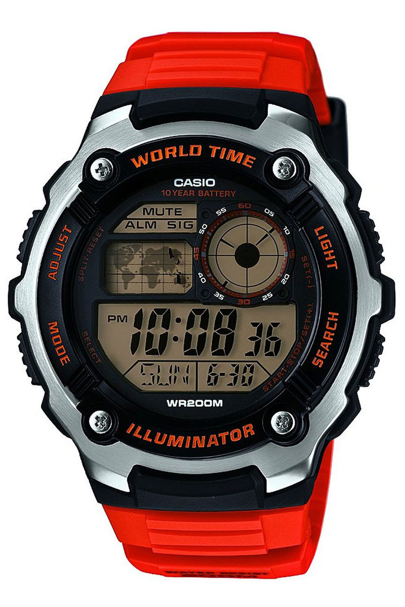 Часы наручные Casio, цвет: оранжевый, черный, серебристый. AE-2100W-4AAE-2100W-4A Часы наручные Casio, цвет: оранжевый, черный, серебристый. AE-2100W-4AAE-2100W-4AНаручные часы Casio произведены опытными специалистами из материалов самого высокого качества на базе новейших технологий. Часы прошли тщательную проверку и контроль качества. Часы оснащены кварцевым механизмом. Корпус выполнен из высококачественной нержавеющей стали с пластиковыми вставками. Дисплей часов защищен минеральным стеклом, устойчивым к появлению царапин и подсвечивается светодиодом. Ремешок часов выполнен из полимерного материала и оснащен застежкой-пряжкой. Часы имеют дополнительные функции: мировое время, индикатор даты, секундомер, таймер, будильник. Часы укомплектованы паспортом с подробной инструкцией и упакованы в оригинальную фирменную коробку. Характеристики: Длина ремешка (с учетом корпуса): 27 см. Ширина ремешка: 2 см. Диаметр корпуса: 5,5 см. Диаметр циферблата: 4,5 см. Дополнительные функции: Мировое время - 31 город (48 часовых поясов), всемирное координированное время (UTC), отображение...