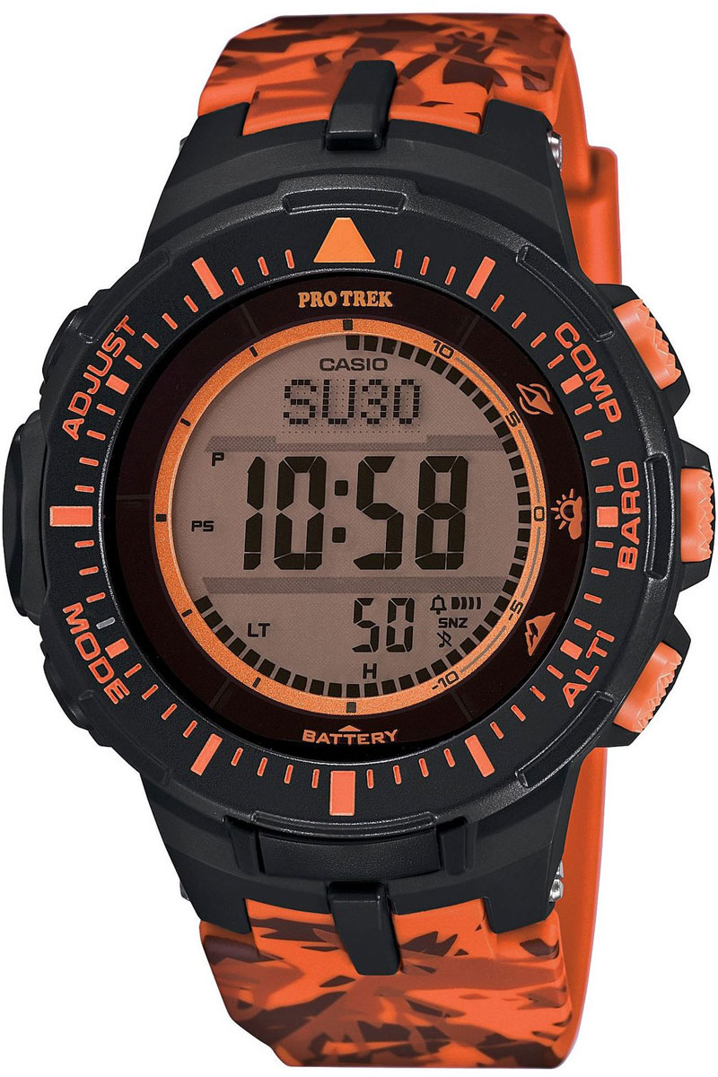 Часы мужские наручные Casio Pro Trek, цвет: черный, оранжевый. PRG-300CM-4ERPRG-300CM-4ER Часы мужские наручные Casio Pro Trek, цвет: черный, оранжевый. PRG-300CM-4ERPRG-300CM-4ERМногофункциональные часы Casio Pro Trek выполнены из полимерного материала, нержавеющей стали и минерального стекла. Корпус часов дополнен символикой бренда, браслет оформлен принтом камуфляж. Корпус изделия изготовлен из полимерного материала с элементами из нержавеющей стали и имеет степень влагозащиты равную 10 atm. Часы оснащены долговечным механизмом. Дополнительные функции часов: -Полностью автоматическая светодиодная подсветка: поворот руки при недостаточном освещении обеспечит автоматическое включение подсветки дисплея. -Солнечная батарея: солнечная подзаряжающаяся батарейка обеспечивает питание часов для работы. -Устойчивость к низким температурам (-10 °C): даже температура ниже -10°C не оказывает никакого влияния на эти часы. -Цифровой компас: встроенный цифровой компас определяет северный магнитный полюс. -Барометр (260/1.100 hPa): специальный датчик измеряет давление воздуха (диапазон измерений составляет 260/1100 гПа,...