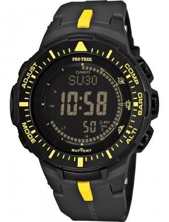Часы мужские наручные Casio Pro Trek, цвет: черный, желтый. PRG-300-1A9ERPRG-300-1A9ER Часы мужские наручные Casio Pro Trek, цвет: черный, желтый. PRG-300-1A9ERPRG-300-1A9ERМногофункциональные часы Casio Pro Trek выполнены из полимерного материала, нержавеющей стали и минерального стекла. Корпус часов дополнен символикой бренда, браслет оформлен принтом камуфляж. Корпус изделия изготовлен из полимерного материала с элементами из нержавеющей стали и имеет степень влагозащиты равную 10 atm. Часы оснащены долговечным механизмом. Дополнительные функции часов: -Полностью автоматическая светодиодная подсветка: поворот руки при недостаточном освещении обеспечит автоматическое включение подсветки дисплея. -Солнечная батарея: солнечная подзаряжающаяся батарейка обеспечивает питание часов для работы. -Устойчивость к низким температурам (-10 °C): даже температура ниже -10°C не оказывает никакого влияния на эти часы. -Цифровой компас: встроенный цифровой компас определяет северный магнитный полюс. -Барометр (260/1.100 hPa): специальный датчик измеряет давление воздуха (диапазон измерений составляет...