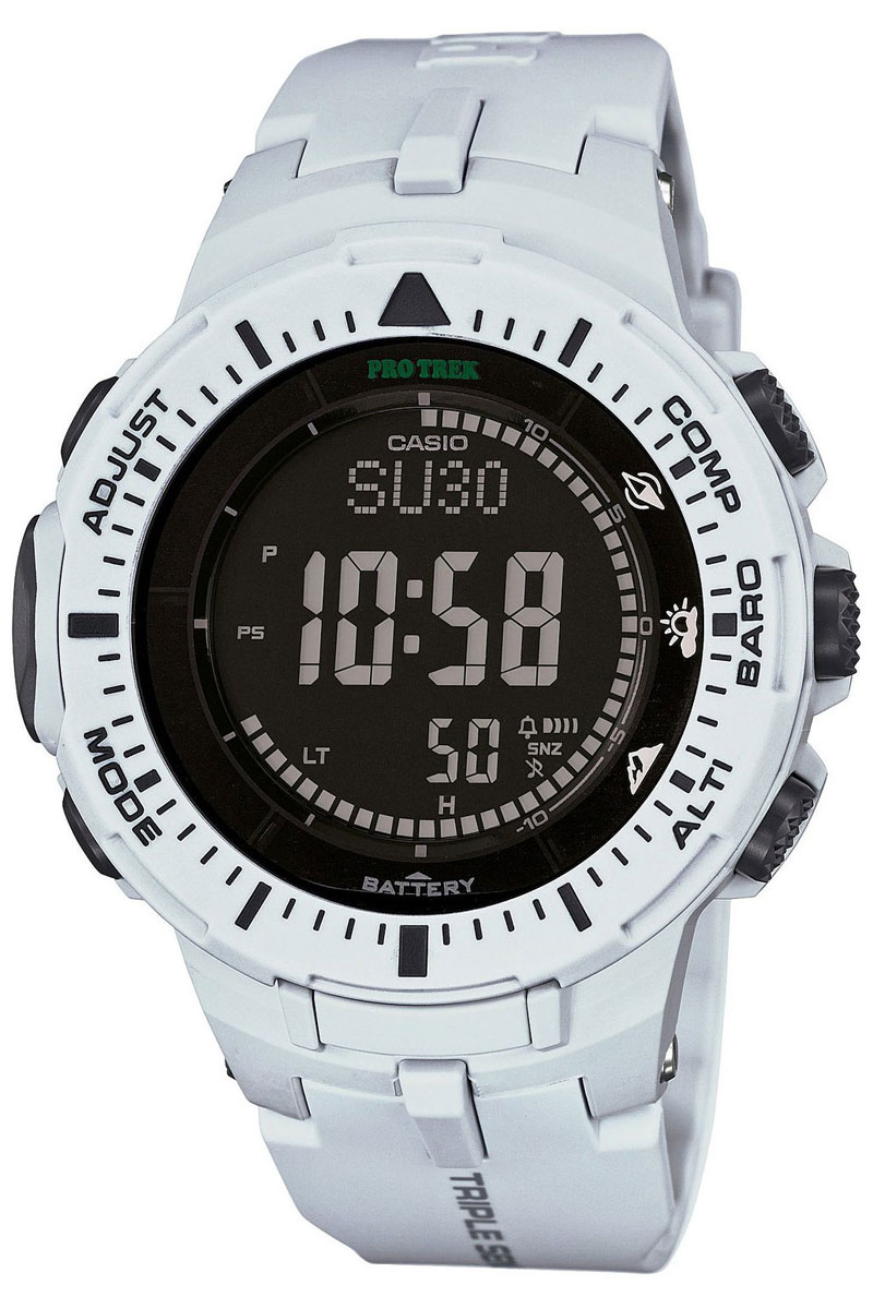 Часы мужские наручные Casio Pro Trek, цвет: серый, черный. PRG-300-7ERPRG-300-7ER Часы мужские наручные Casio Pro Trek, цвет: серый, черный. PRG-300-7ERPRG-300-7ERМногофункциональные часы Casio Pro Trek выполнены из полимерного материала, нержавеющей стали и минерального стекла. Корпус часов дополнен символикой бренда, браслет оформлен принтом камуфляж. Корпус изделия изготовлен из полимерного материала с элементами из нержавеющей стали и имеет степень влагозащиты равную 10 atm. Часы оснащены долговечным механизмом. Дополнительные функции часов: -Полностью автоматическая светодиодная подсветка: поворот руки при недостаточном освещении обеспечит автоматическое включение подсветки дисплея. -Солнечная батарея: солнечная подзаряжающаяся батарейка обеспечивает питание часов для работы. -Устойчивость к низким температурам (-10 °C): даже температура ниже -10°C не оказывает никакого влияния на эти часы. -Цифровой компас: встроенный цифровой компас определяет северный магнитный полюс. -Барометр (260/1.100 hPa): специальный датчик измеряет давление воздуха (диапазон измерений составляет 260/1100 гПа,...
