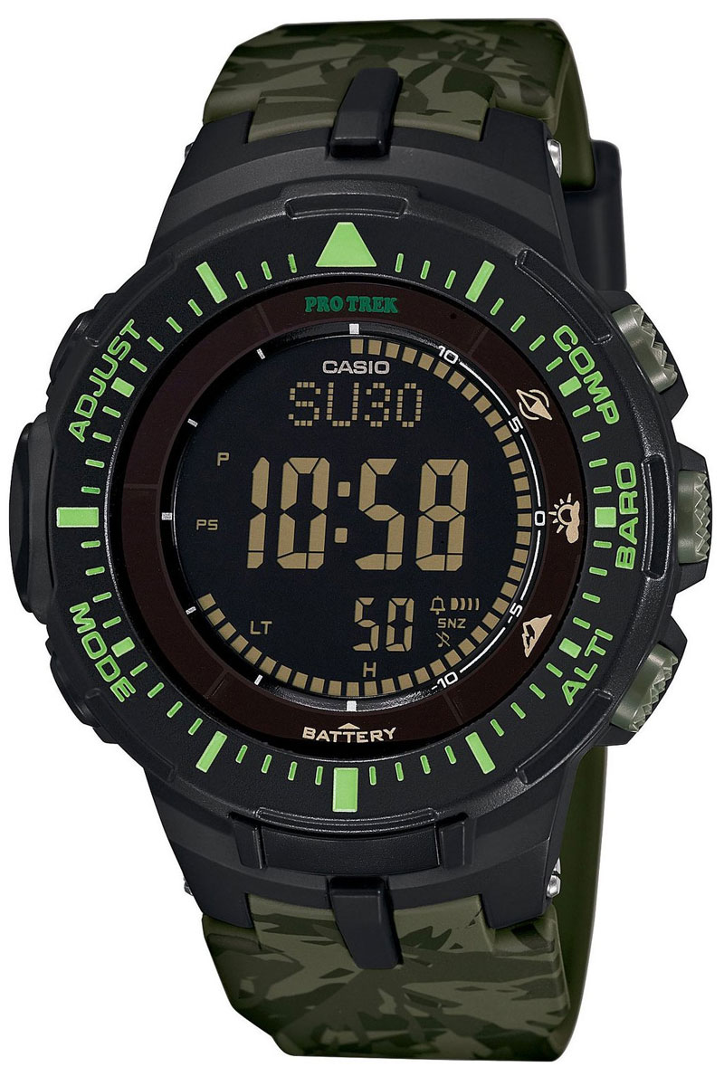 Часы мужские наручные Casio Pro Trek, цвет: черный, зеленый. PRG-300CM-3ERPRG-300CM-3ER Часы мужские наручные Casio Pro Trek, цвет: черный, зеленый. PRG-300CM-3ERPRG-300CM-3ERМногофункциональные часы Casio Pro Trek выполнены из полимерного материала, нержавеющей стали и минерального стекла. Корпус часов дополнен символикой бренда, браслет оформлен принтом камуфляж. Корпус изделия изготовлен из полимерного материала с элементами из нержавеющей стали и имеет степень влагозащиты равную 10 atm. Часы оснащены долговечным механизмом. Дополнительные функции часов: -Полностью автоматическая светодиодная подсветка: поворот руки при недостаточном освещении обеспечит автоматическое включение подсветки дисплея. -Солнечная батарея: солнечная подзаряжающаяся батарейка обеспечивает питание часов для работы. -Устойчивость к низким температурам (-10 °C): даже температура ниже -10°C не оказывает никакого влияния на эти часы. -Цифровой компас: встроенный цифровой компас определяет северный магнитный полюс. -Барометр (260/1.100 hPa): специальный датчик измеряет давление воздуха (диапазон измерений составляет 260/1100 гПа,...