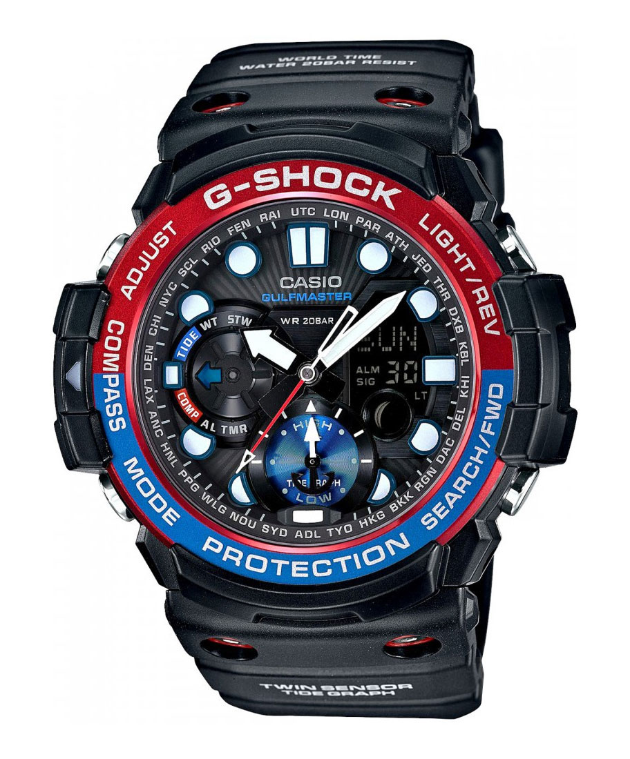 Часы наручные Casio, цвет: черный, красный, синий. GN-1000-1AGN-1000-1A Часы наручные Casio, цвет: черный, красный, синий. GN-1000-1AGN-1000-1AНаручные часы Casio произведены опытными специалистами из материалов самого высокого качества на базе новейших технологий. Часы прошли тщательную проверку и контроль качества. Часы оснащены кварцевым механизмом. Корпус выполнен из полимерного материала. Дисплей часов защищен минеральным стеклом, устойчивым к появлению царапин и подсвечивается светодиодной автоматической супер-подсветкой. При движении руки дисплей освещается ярким светом. Ремешок часов выполнен из полимерного материала и оснащен застежкой-пряжкой. Часы имеют дополнительные функции: мировое время, индикатор даты, секундомер, таймер, будильник, компас, термометр, приливы и возраст Луны. Ударопрочная конструкция защищает механизм от ударов и вибрации. Часы укомплектованы паспортом с подробной инструкцией и упакованы в оригинальную фирменную коробку. Характеристики: Длина ремешка (с учетом корпуса): 28 см. Ширина ремешка: 2,5 см. Диаметр корпуса: 5,5 см. ...