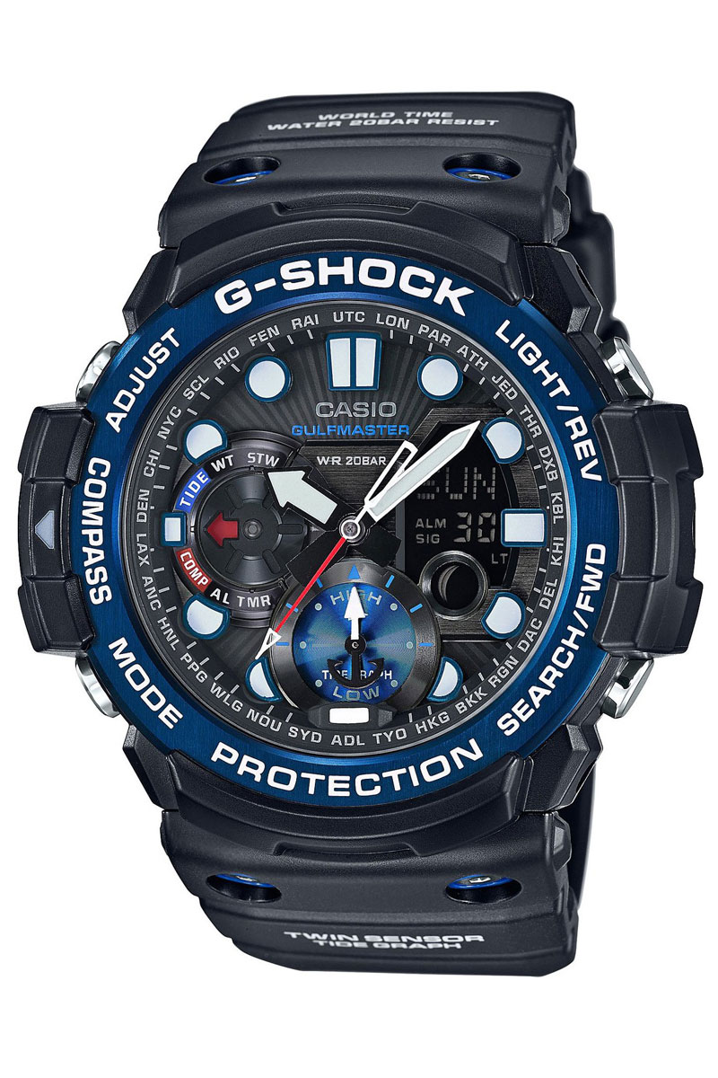 Часы наручные Casio, цвет: черный, синий. GN-1000B-1AGN-1000B-1A Часы наручные Casio, цвет: черный, синий. GN-1000B-1AGN-1000B-1AНаручные часы Casio произведены опытными специалистами из материалов самого высокого качества на базе новейших технологий. Часы прошли тщательную проверку и контроль качества. Часы оснащены кварцевым механизмом. Корпус выполнен из полимерного материала. Дисплей часов защищен минеральным стеклом, устойчивым к появлению царапин и подсвечивается светодиодной автоматической супер-подсветкой. При движении руки дисплей освещается ярким светом. Ремешок часов выполнен из полимерного материала и оснащен застежкой-пряжкой. Часы имеют дополнительные функции: мировое время, индикатор даты, секундомер, таймер, будильник, компас, термометр, приливы и возраст Луны. Ударопрочная конструкция защищает механизм от ударов и вибрации. Часы укомплектованы паспортом с подробной инструкцией и упакованы в оригинальную фирменную коробку. Характеристики: Длина ремешка (с учетом корпуса): 28 см. Ширина ремешка: 2,5 см. Диаметр корпуса: 5,5 см. ...