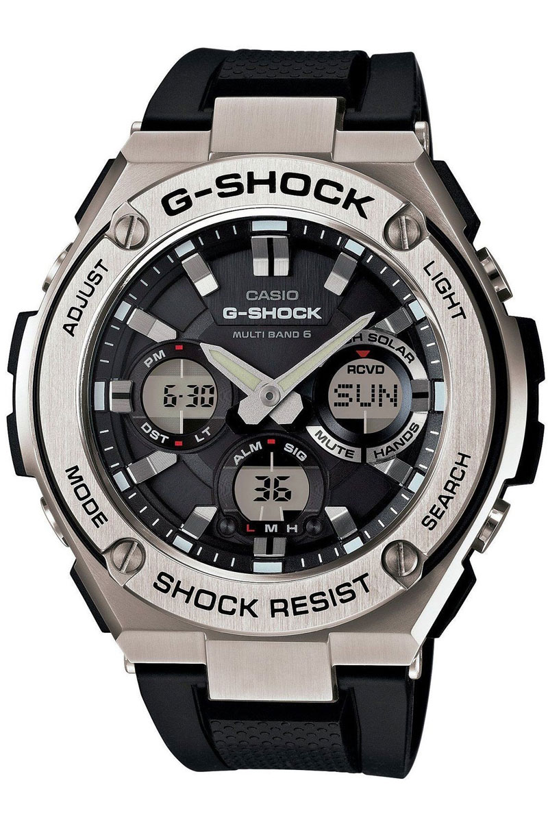 Часы мужские наручные Casio G-Shock, цвет: черный, стальной. GST-WGST-W110-1A Часы мужские наручные Casio G-Shock, цвет: черный, стальной. GST-WGST-W110-1AМногофункциональные часы Casio G-Shock. выполнены из полимерного материала, нержавеющей стали и минерального стекла. Корпус часов дополнен символикой бренда. Корпус изделия изготовлен из полимерного материала с элементами из нержавеющей стали и имеет степень влагозащиты равную 20 atm. Часы оснащены долговечным механизмом и дополнительной функцией светодиодной подсветки циферблата. Дополнительные функции часов: солнечная батарея, которая при недостаточном освещении обеспечит автоматическое включение подсветки дисплея, ударопрочность, устойчивость к низким температурам, прием радиосигнала, неоновый дисплей, мировое время, секундомер, таймер, будильник, функция повтора будильника, функция перемещения стрелок, автоматический календарь, второй часовой пояс. Браслет изделия выполнен из долговечного полимерного материала и дополнен практичной застежкой-пряжкой, которая позволит моментально снимать и одевать часы без лишних усилий. Изделие поставляется в фирменной упаковке. ...