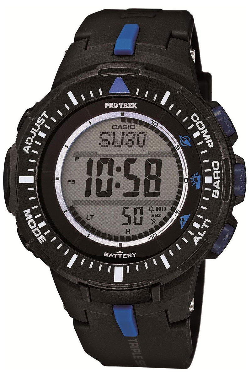 Часы мужские наручные Casio Pro Trek, цвет: черный, синий. PRG-300-1A2ERPRG-300-1A2ER Часы мужские наручные Casio Pro Trek, цвет: черный, синий. PRG-300-1A2ERPRG-300-1A2ERМногофункциональные часы Casio Pro Trek выполнены из полимерного материала, нержавеющей стали и минерального стекла. Корпус часов дополнен символикой бренда, браслет оформлен принтом камуфляж. Корпус изделия изготовлен из полимерного материала с элементами из нержавеющей стали и имеет степень влагозащиты равную 10 atm. Часы оснащены долговечным механизмом. Дополнительные функции часов: -Полностью автоматическая светодиодная подсветка: поворот руки при недостаточном освещении обеспечит автоматическое включение подсветки дисплея. -Солнечная батарея: солнечная подзаряжающаяся батарейка обеспечивает питание часов для работы. -Устойчивость к низким температурам (-10 °C): даже температура ниже -10°C не оказывает никакого влияния на эти часы. -Цифровой компас: встроенный цифровой компас определяет северный магнитный полюс. -Барометр (260/1.100 hPa): специальный датчик измеряет давление воздуха (диапазон измерений составляет 260/1100 гПа,...