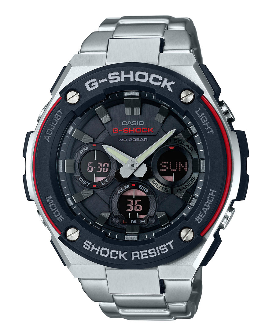 Часы мужские наручные Casio G-Shock, цвет: черный, красный, стальной. GST-WGST-W100D-1A4 Часы мужские наручные Casio G-Shock, цвет: черный, красный, стальной. GST-WGST-W100D-1A4Многофункциональные часы Casio G-Shock. выполнены из полимерного материала, нержавеющей стали и минерального стекла. Корпус часов дополнен символикой бренда. Корпус изделия изготовлен из полимерного материала с элементами из нержавеющей стали и имеет степень влагозащиты равную 20 atm. Часы оснащены долговечным механизмом и дополнительной функцией светодиодной подсветки циферблата. Дополнительные функции часов: солнечная батарея, которая при недостаточном освещении обеспечит автоматическое включение подсветки дисплея,ударопрочность, устойчивость к низким температурам, прием радиосигнала, неоновый дисплей, мировое время, секундомер, таймер, будильник, функция повтора будильника, функция перемещения стрелок, автоматический календарь, второй часовой пояс. Браслет изделия выполнен из нержавеющей стали и дополнен практичным складным замком, который позволит моментально снимать и одевать часы без лишних усилий. Изделие поставляется в фирменной упаковке. Часы Casio G-Shock...