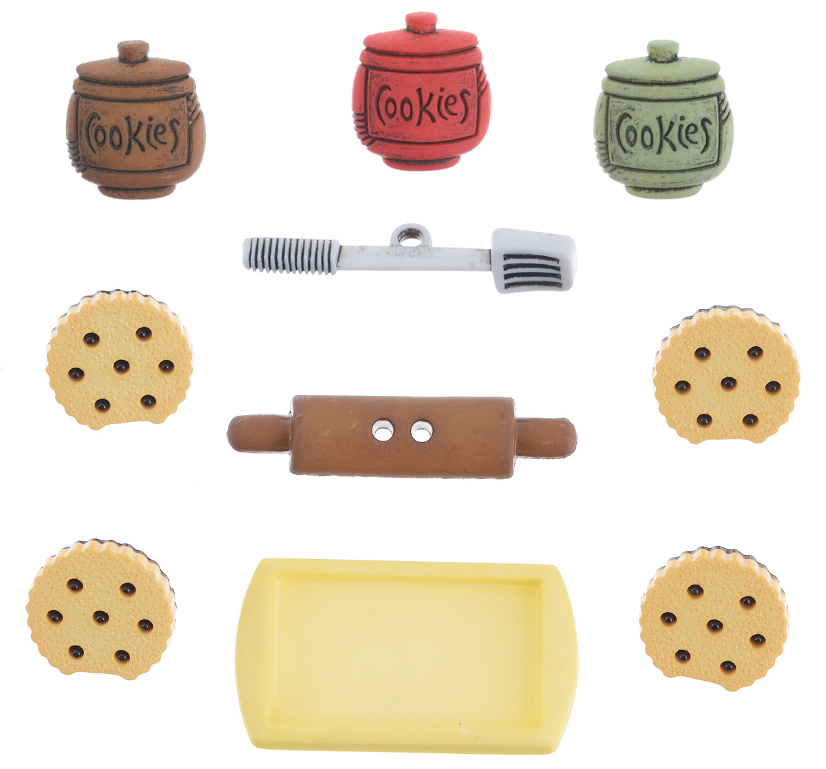 Набор пуговиц и фигурок Buttons Galore & More Cookie Jar, 10 шт7705862 Набор пуговиц и фигурок Buttons Galore & More Cookie Jar, 10 шт7705862Набор Buttons Galore & More Cookie Jar состоит из 8 декоративных пуговиц на ножке, 1 декоративной пуговицы с отверстиями и 1 декоративного элемента, который можно приклеить. Все элементы выполнены из пластика в форме разнообразных фигур. Такой набор подходит для любых видов творчества: скрапбукинга, декорирования, шитья, изготовления кукол, а также для оформления одежды. С их помощью вы сможете украсить открытку, фотографию, альбом, подарок и другие предметы ручной работы. Все элементы выполнены в разных цветах и формах, имеют оригинальный и яркий дизайн. Средний размер элементов: 1,8 см х 1,5 см х 0,4 см.
