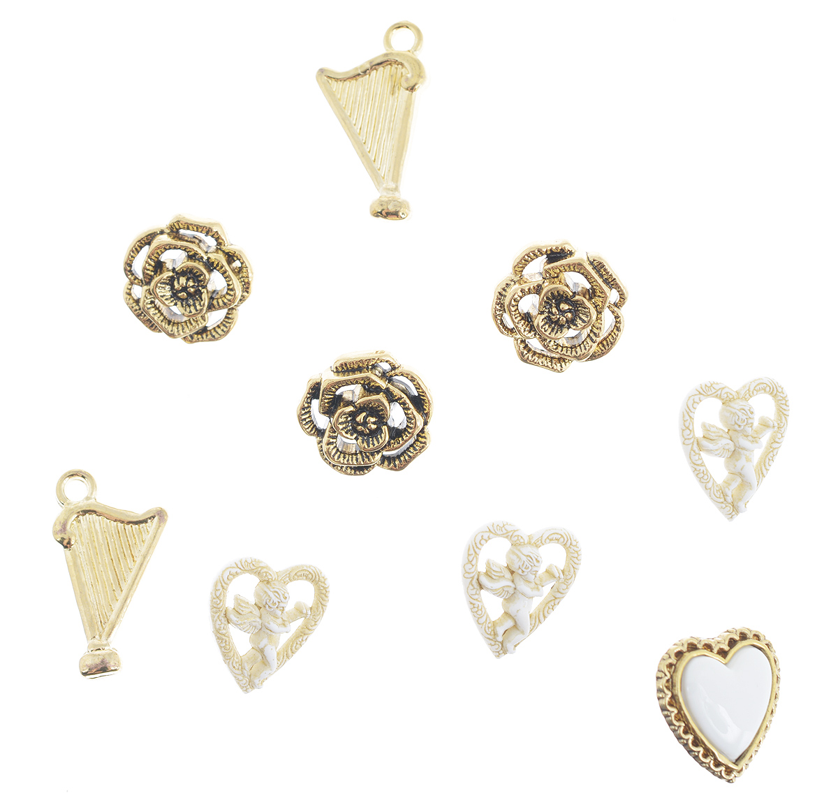 Набор пуговиц и фигурок Buttons Galore & More Cupid, 9 шт7708811 Набор пуговиц и фигурок Buttons Galore & More Cupid, 9 шт7708811Набор Buttons Galore & More Cupid состоит из 7 декоративных пуговиц на ножке и 2 декоративных элементов, которые можно приклеить. Все элементы выполнены из пластика в сердец, цветов и арф. Такой набор подходит для любых видов творчества: скрапбукинга, декорирования, шитья, изготовления кукол, а также для оформления одежды. С их помощью вы сможете украсить открытку, фотографию, альбом, подарок и другие предметы ручной работы. Все элементы выполнены в разных цветах и формах, имеют оригинальный и яркий дизайн. Средний размер элементов: 1,7 см х 1,6 см х 0,5 см.