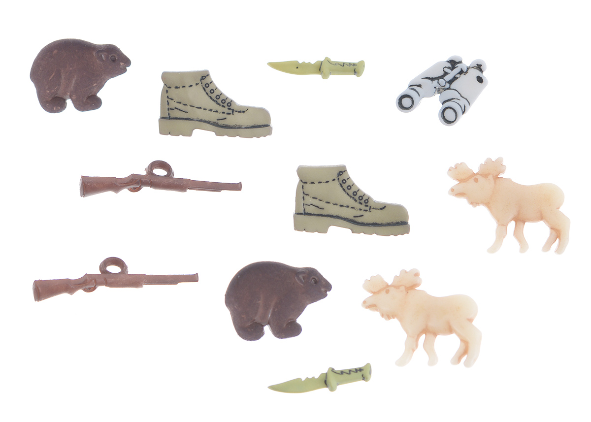 Набор пуговиц и фигурок Buttons Galore & More Hunting, 11 шт7705856 Набор пуговиц и фигурок Buttons Galore & More Hunting, 11 шт7705856Набор Buttons Galore & More Hunting состоит из 9 декоративных пуговиц на ножке и 2 декоративных элементов, которые можно приклеить. Все элементы выполнены из пластика в виде животных и оружия. Такой набор подходит для любых видов творчества: скрапбукинга, декорирования, шитья, изготовления кукол, а также для оформления одежды. С их помощью вы сможете украсить открытку, фотографию, альбом, подарок и другие предметы ручной работы. Все элементы выполнены в разных цветах и формах, имеют оригинальный и яркий дизайн. Средний размер элементов: 2,2 см х 1,4 см х 0,3 см.