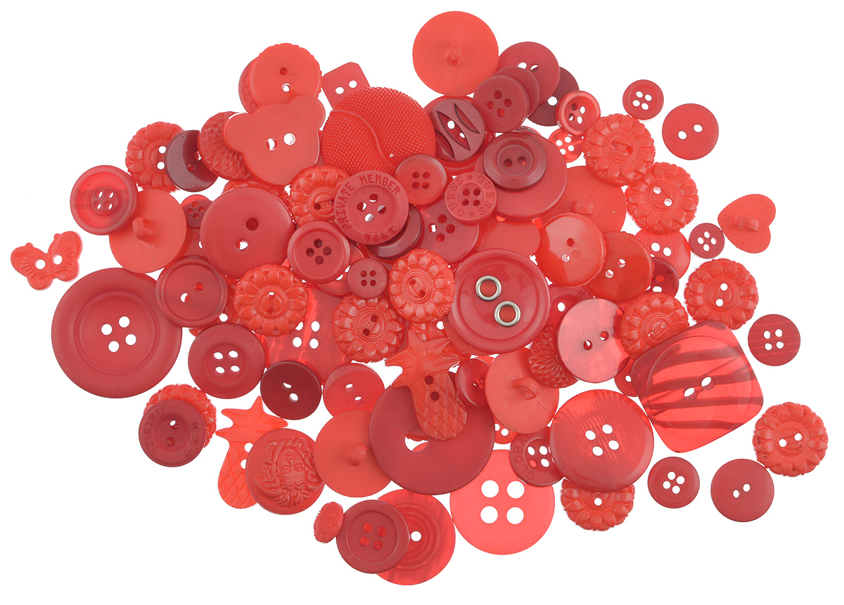 Пуговицы декоративные Buttons Galore & More Haberdashery Buttons, цвет: красный, 115 г7708880_Красный Пуговицы декоративные Buttons Galore & More Haberdashery Buttons, цвет: красный, 115 г7708880_КрасныйНабор пуговиц для творчества и декорирования одежды Buttons Galore & More Haberdashery Buttons изготовлен из высококачественного пластика. В набор входят пуговицы различных размеров, форм и с разным количеством отверстий. Такие пуговицы подходят для любых видов творчества: скрапбукинга, декорирования, шитья, изготовления кукол, а также для оформления одежды. С их помощью вы сможете украсить открытку, фотографию, альбом, подарок и другие предметы ручной работы. Пуговицы имеют оригинальный и яркий дизайн. Средний диаметр пуговиц: 2 см.
