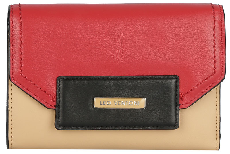 Кошелек женский Leo Ventoni, цвет: бежевый, красный, черный. L330796L330796 tan/nero/rosso Кошелек женский Leo Ventoni, цвет: бежевый, красный, черный. L330796L330796 tan/nero/rossoЭлегантный кошелек Leo Ventoni выполнен из натуральной кожи с зернистой фактурой и оформлен металлической фурнитурой с символикой бренда, внутренняя часть изделия выполнена из текстиля и натуральной кожи. Изделие раскладывается и закрывается на кнопку. Внутри предусмотрено шесть накладных карманов, одиннадцать кармашков для кредитных карт или визиток, два отделения для купюр, отделение для монет на кнопке. Снаружи, в тыльной стенке кошелька расположен накладной карман. Стильный кошелек Leo Ventoni станет отличным подарком для человека, ценящего качественные и практичные вещи.