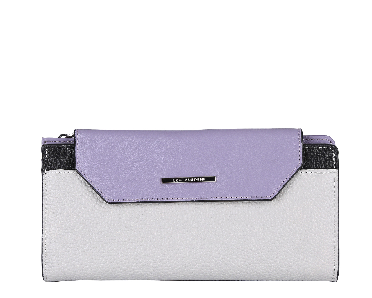 Кошелек женский Leo Ventoni, цвет: черный, серый, сиреневый. L330880L330880 purple/grey/nero Кошелек женский Leo Ventoni, цвет: черный, серый, сиреневый. L330880L330880 purple/grey/neroЭлегантный кошелек Leo Ventoni выполнен из натуральной кожи с зернистой фактурой и оформлен металлической фурнитурой с символикой бренда. Внутренняя часть изделия выполнена из текстиля и натуральной кожи. Изделие содержит два отделения, одно из которых закрывается на металлическую застежку-молнию, а другое клапаном на магнитную застежку. Внутри одного отделения предусмотрены карман для купюр, открытый кармашек для мелких бумаг, врезной карман на застежке-молнии, восемь кармашков для кредитных карт или визиток. Внутри другого отделения расположены четыре карашка для кредитных карт и визиток и карман для купюр. Снаружи, на лицевой стороне кошелька расположен открытый кармашек с фигурным вырезом. Стильный кошелек Leo Ventoni станет отличным подарком для человека, ценящего качественные и практичные вещи.
