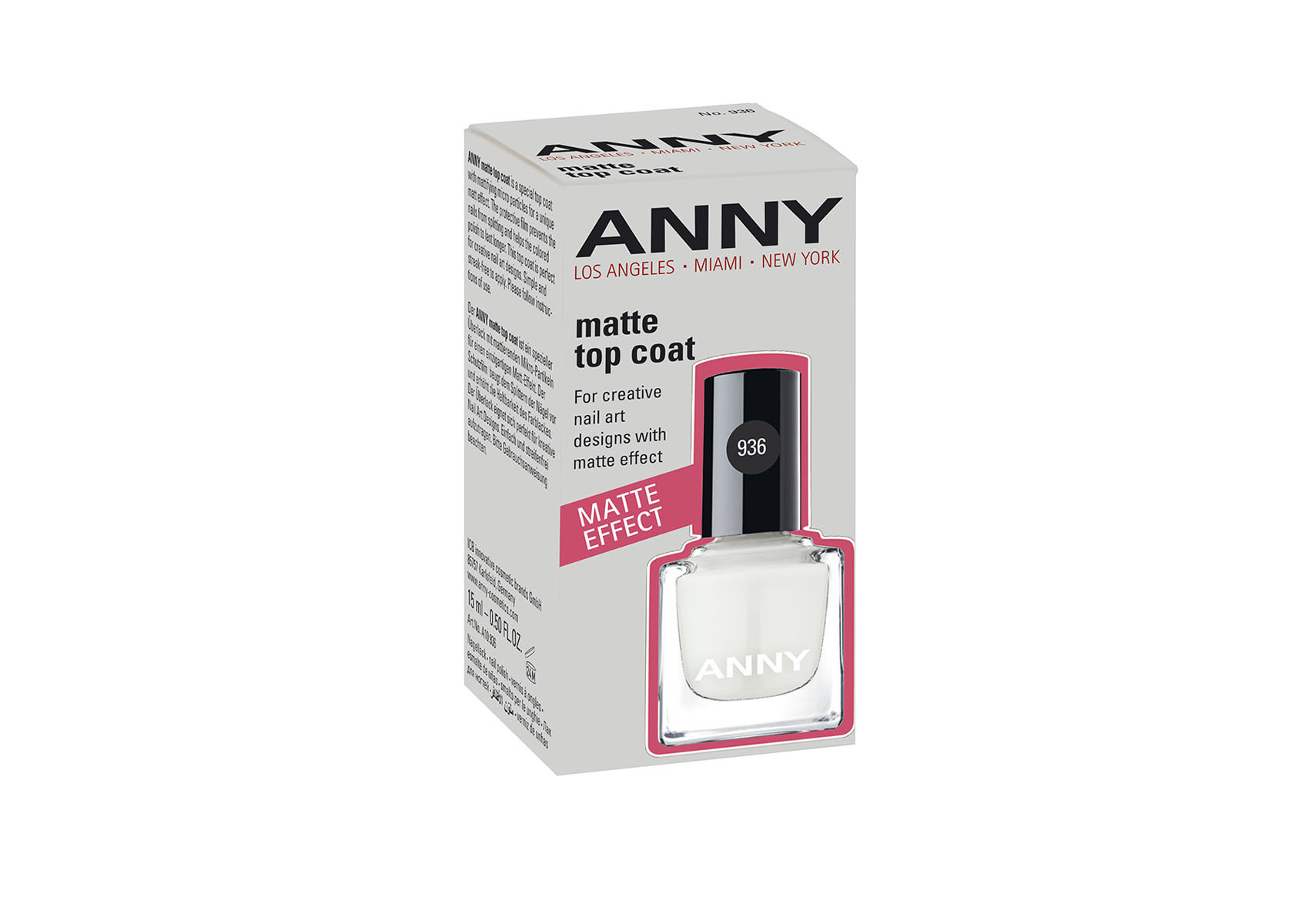 ANNY Верхнее покрытие с матовым эффектом nail polish matte top coat, 15 млA10936 ANNY Верхнее покрытие с матовым эффектом nail polish matte top coat, 15 млA10936Верхнее покрытие с матовым эффектом nail polish matte top coat. Специальное покрытие с матирующими микрочастицами для создания уникального матового эффекта. Защитное матовое покрытие легко и ровно наносится и повышает стойкость лака. Простой способ добиться матового\бархатного эффекта в маникюре!