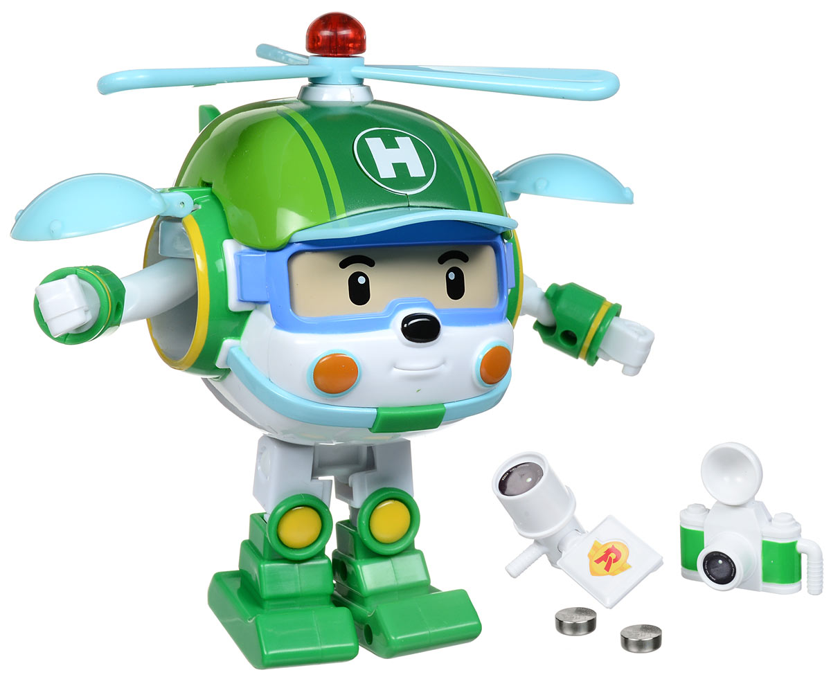 Robocar Poli Игрушка-трансформер Хэли 12 см83096 Robocar Poli Игрушка-трансформер Хэли 12 см83096Игрушка-трансформер Robocar Poli Хэли не оставит равнодушным вашего малыша. Она выполнена из прочного пластика в виде вертолета- робота Хэли - персонажа мультфильма Робокар Поли и его друзья. Он всегда готов трансформироваться из робота в вертолет и вылететь на помощь любому жителю городка Брумстаун. Лопасти пропеллера могут вращаться. Маячок на верхушке пропеллера светится. В наборе поставляются фотоаппарат и видеокамера, которые удобно вкладываются в руки Хэли (в форме робота). Ваш ребенок с удовольствием будет играть с трансформером, придумывая разные истории. Порадуйте его таким замечательным подарком! Для работы игрушки необходимы 2 батарейки типа AG13 (товар комплектуется демонстрационными).