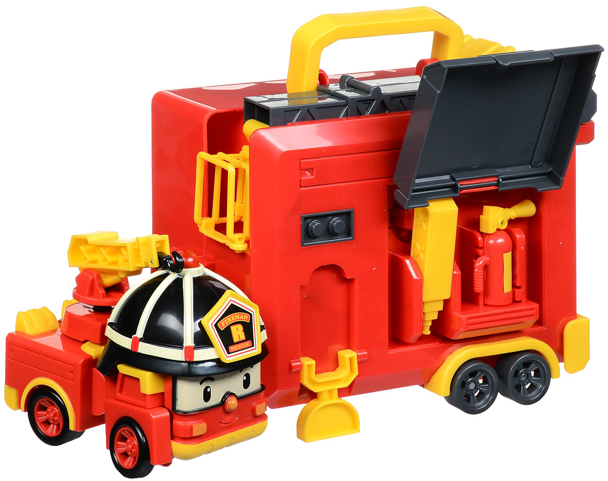 Robocar Poli Игрушка-трансформер Рой с гаражом83073 Robocar Poli Игрушка-трансформер Рой с гаражом83073Игрушка-трансформер Robocar Poli Рой с гаражом - это целый набор, состоящий из пожарной машинки-робота Роя и прицепа-гаража, где Рой может жить сам и хранить свои инструменты. Пожарная машинка-робот Рой - один из персонажей мультфильма Робокар Поли и его друзья. Он всегда готов трансформироваться из робота в пожарную машину и примчаться на помощь любому жителю городка Брумстаун. Колеса машинки вращаются, на верхушке шлема горит маячок. Прицеп оборудован пожарной лестницей с люлькой, которая может подниматься и поворачиваться. Сбоку прицепа есть специальный отсек для хранения инструментов Роя. Удобная ручка на крыше прицепа служит для переноски всего набора. Теперь, куда бы ваш малыш ни отправился, он всегда сможет взять с собой любимую игрушку! В комплект входит: трансформер, прицеп, огнетушитель, водяная пушка, пожарный кран. Ваш ребенок с удовольствием будет играть с трансформером, придумывая разные истории. Порадуйте его таким замечательным подарком! ...